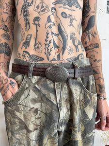 Barbed Wire Leather Belt W/ Folky Floral Buckle (32" - 38")