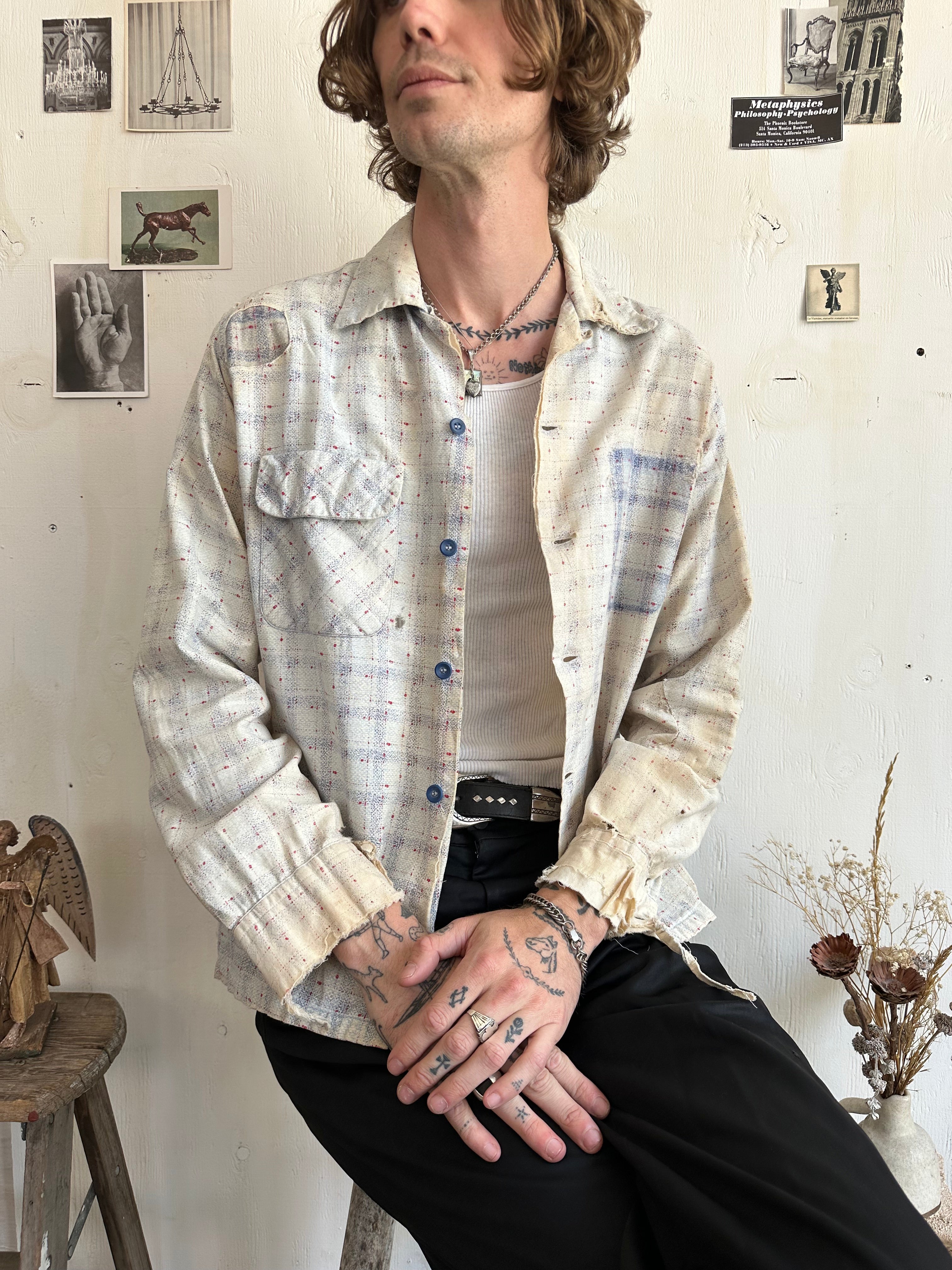 1960s Thrashed and Repaired Faded Plaid Top (L)