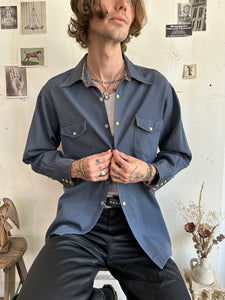 1950s/1960s Thrashed Navy Snap Button Western Shirt (L)