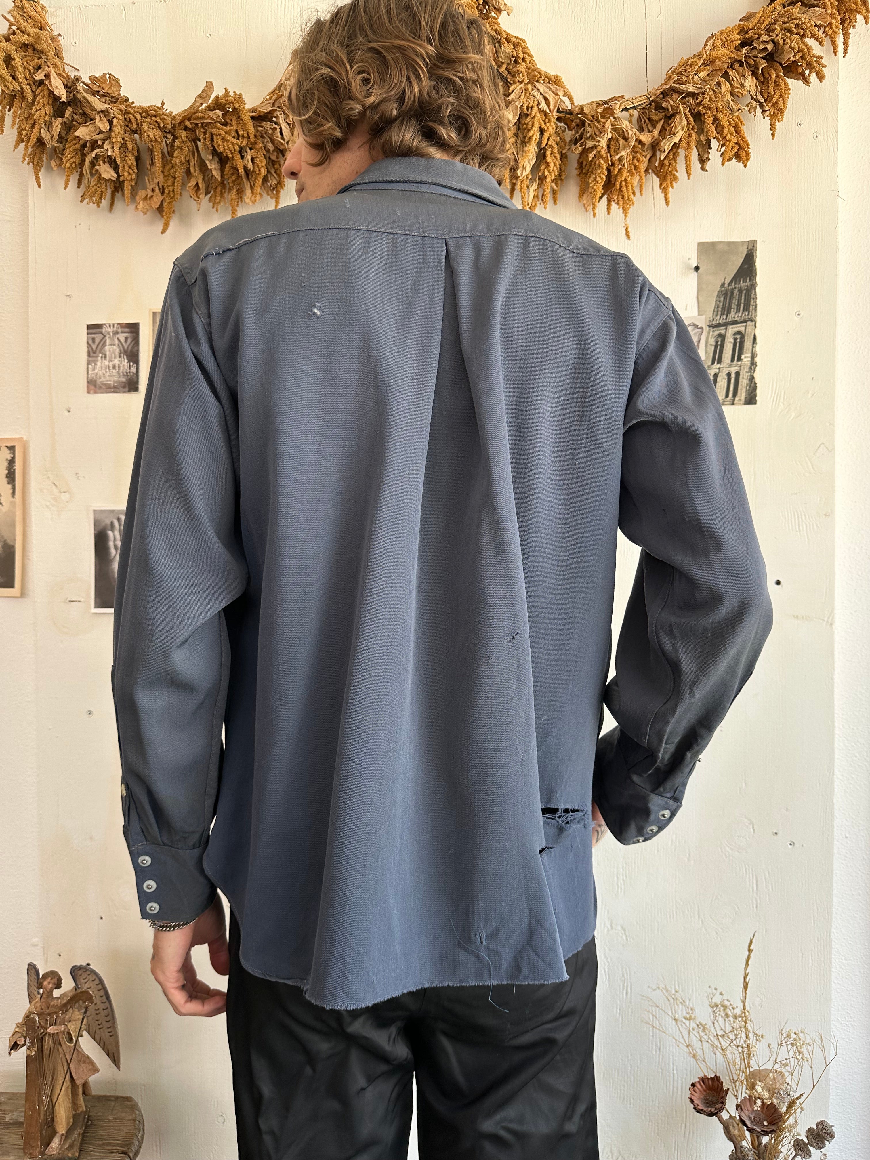 1950s/1960s Thrashed Navy Snap Button Western Shirt (L)