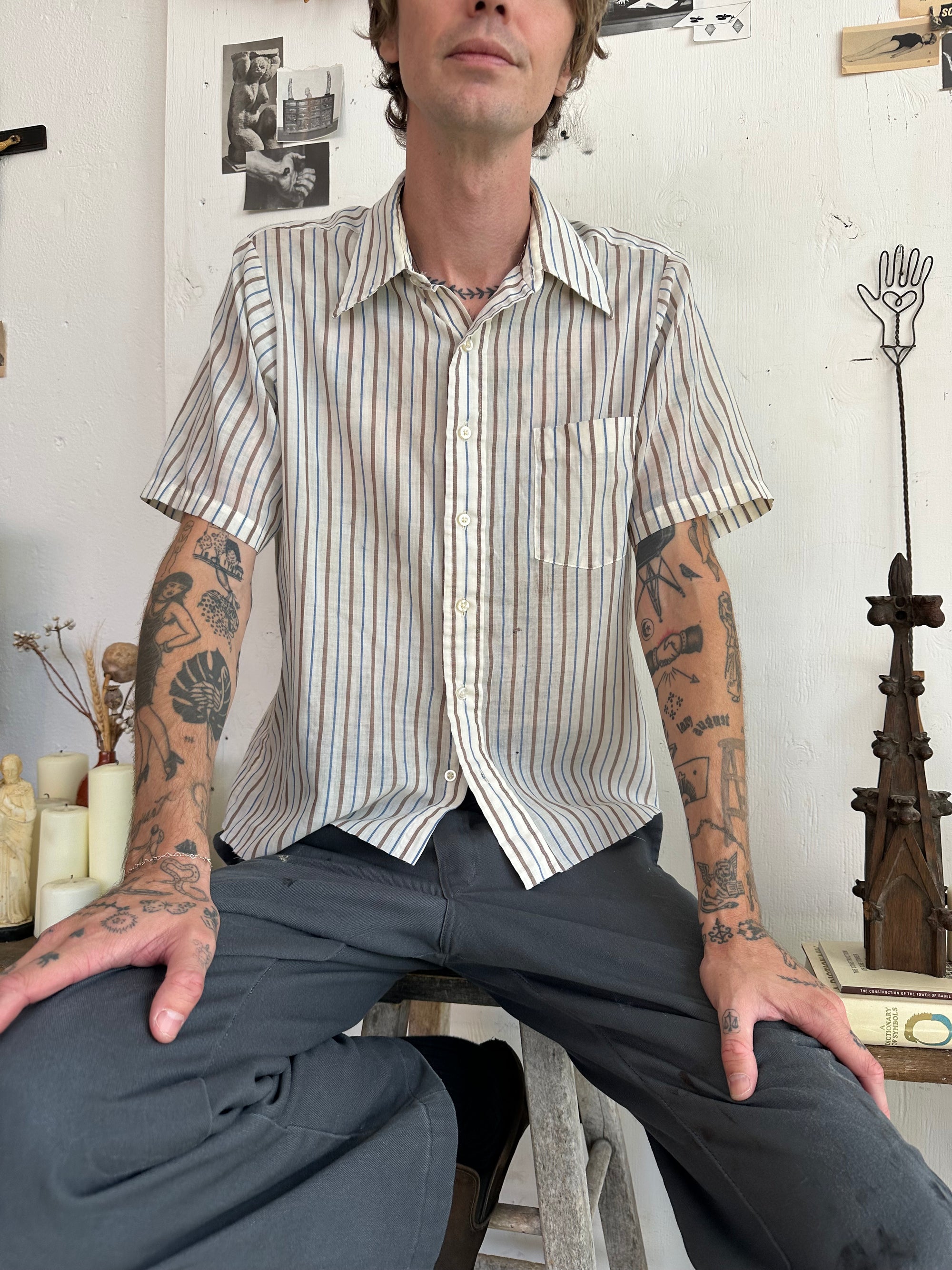 1970s Paper Thin Striped Short Sleeve Button Up