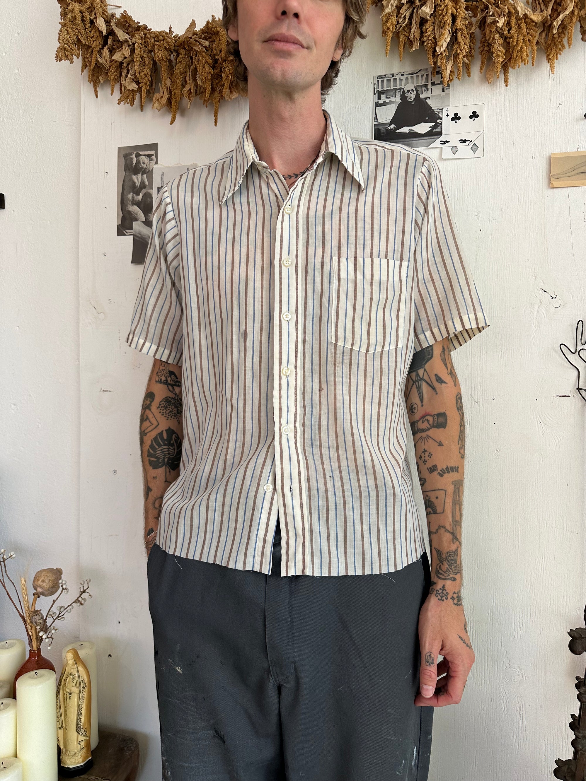 1970s Paper Thin Striped Short Sleeve Button Up