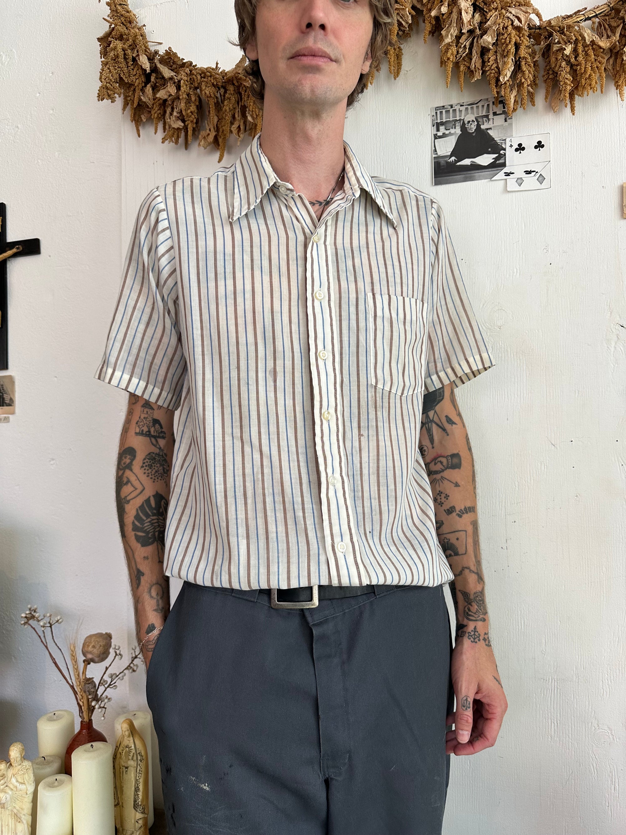 1970s Paper Thin Striped Short Sleeve Button Up