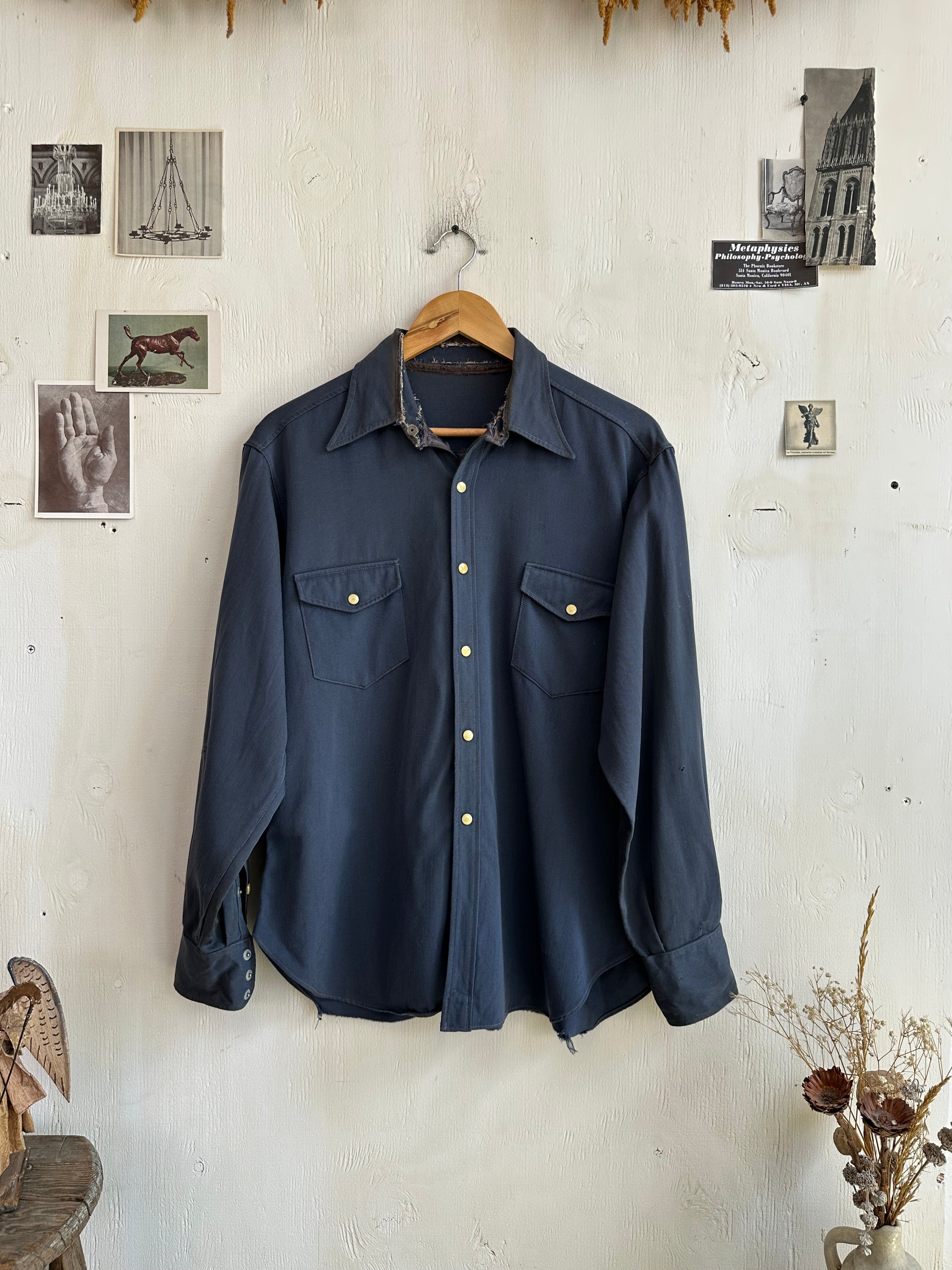 1950s/1960s Thrashed Navy Snap Button Western Shirt (L)