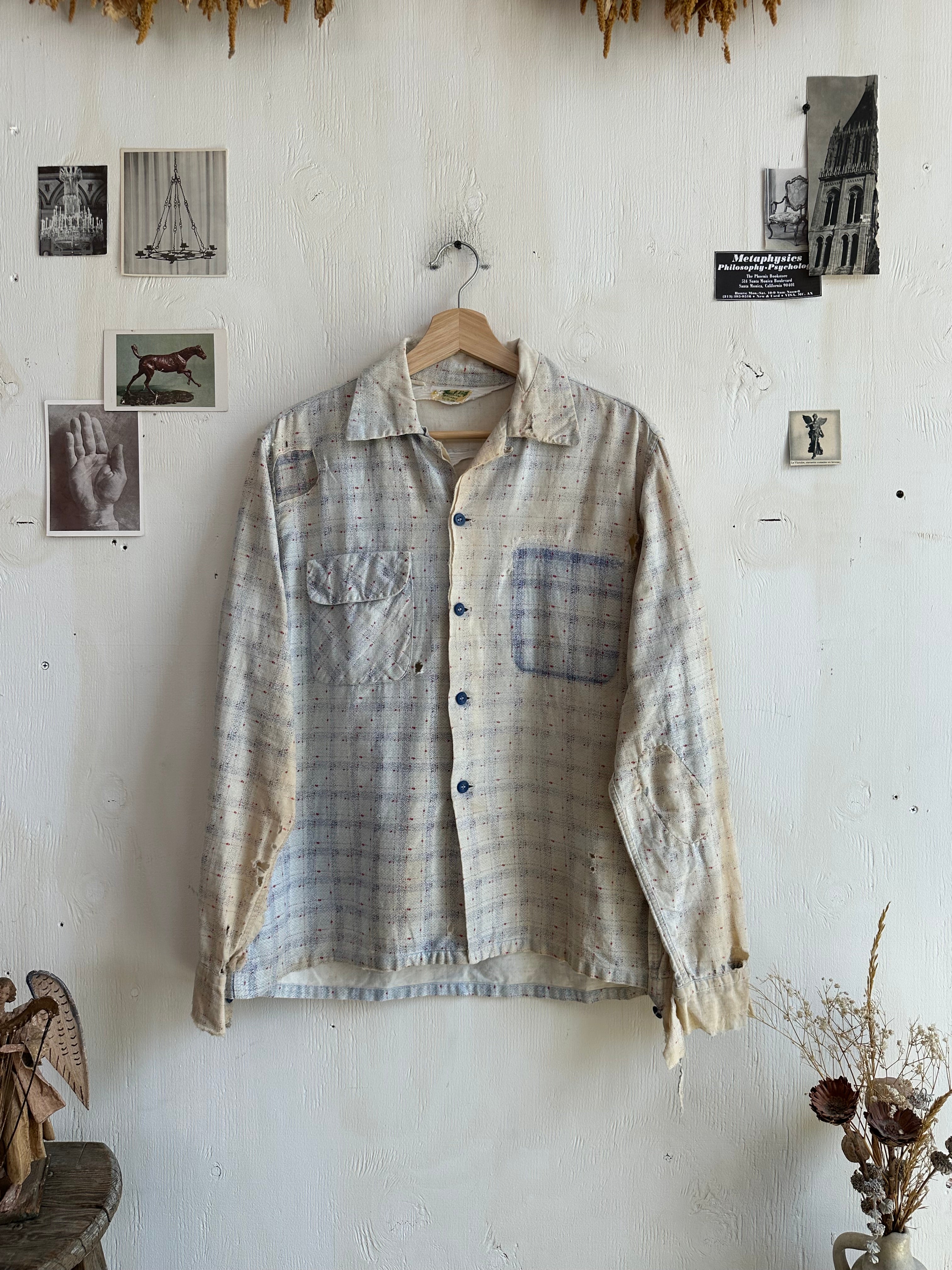 1960s Thrashed and Repaired Faded Plaid Top (L)