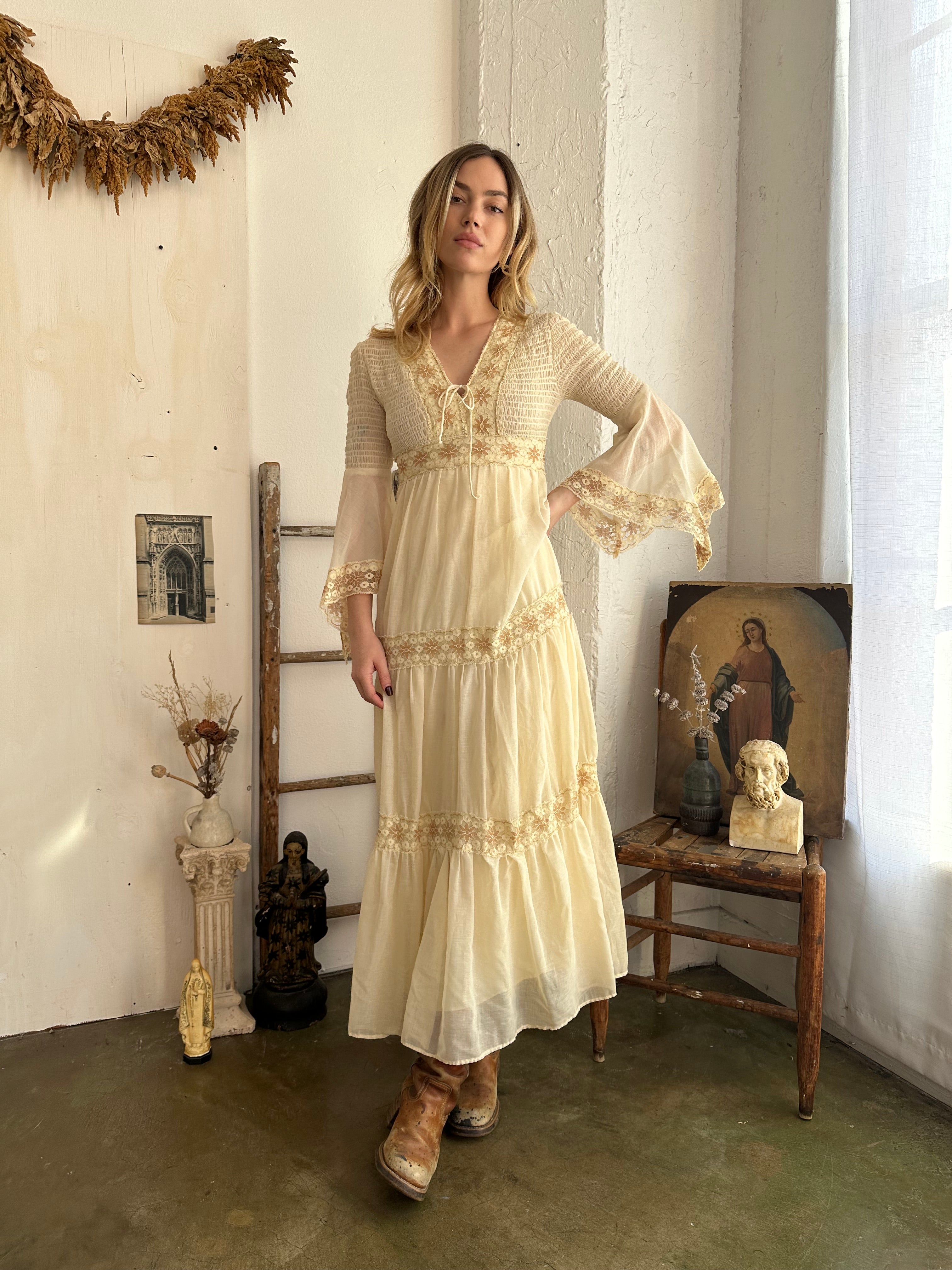 1970s Bell Sleeve Prairie Maxi Dress (S)