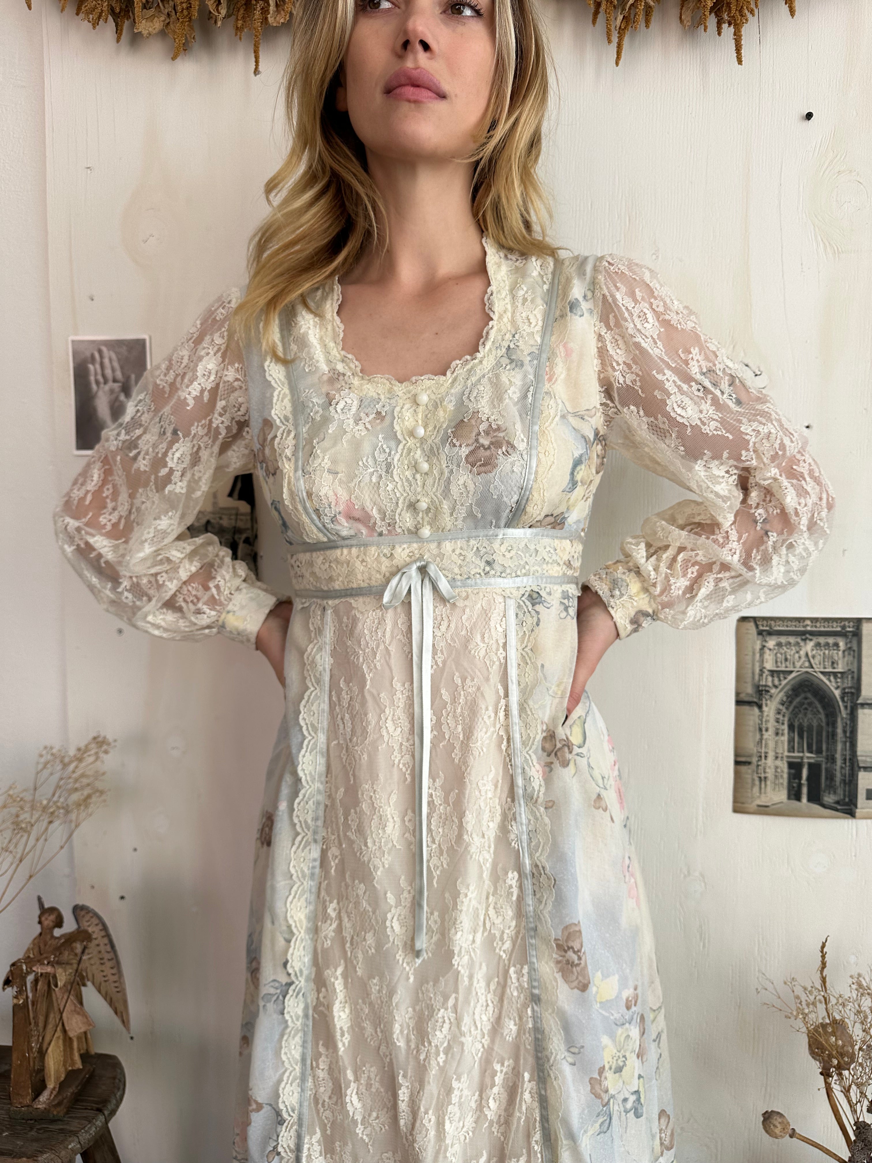 1970s Lace Sleeve Prairie Dress (S/M)