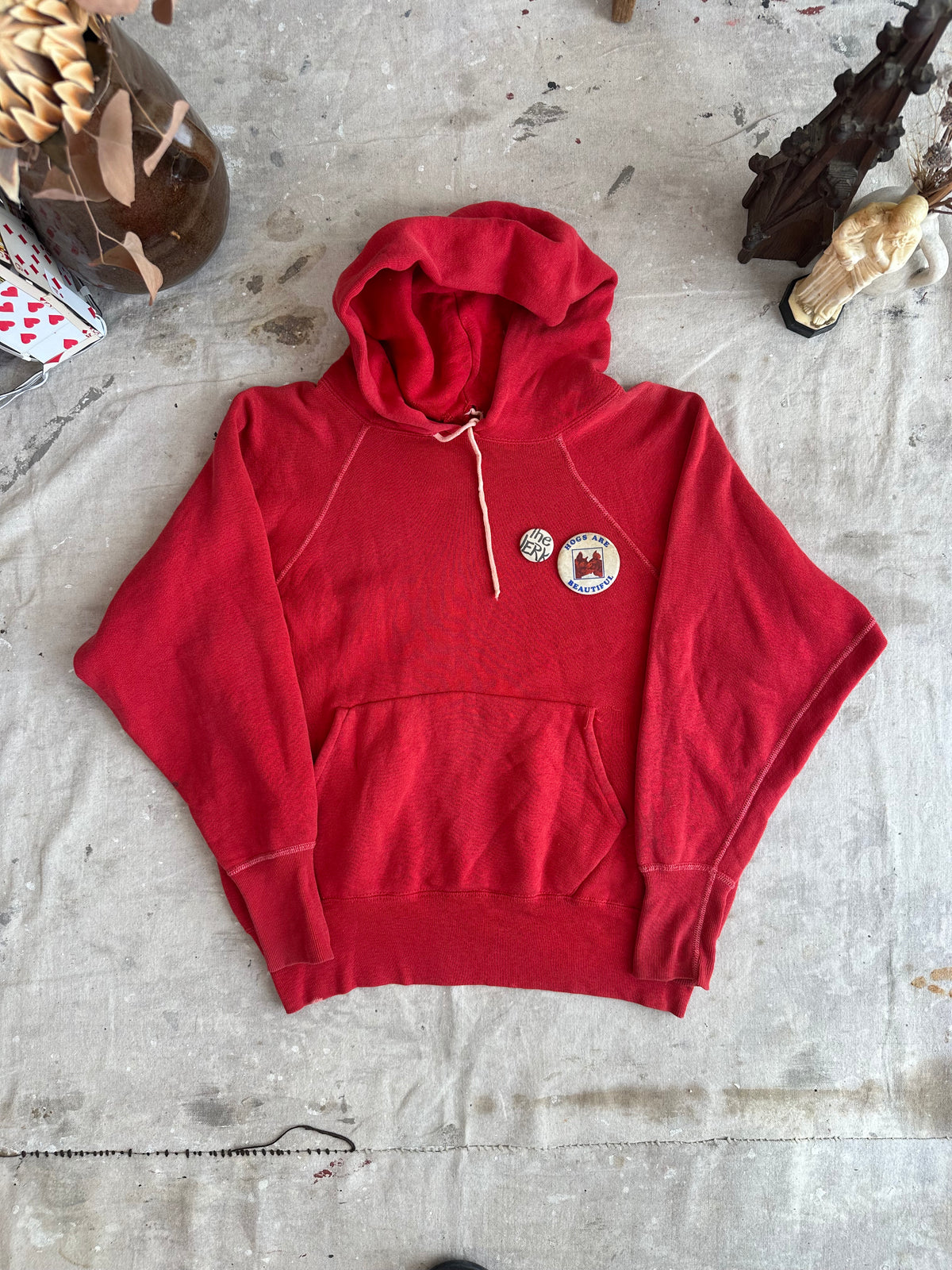 1960s Perfect Faded Red All Cotton Hoodie W/ pins