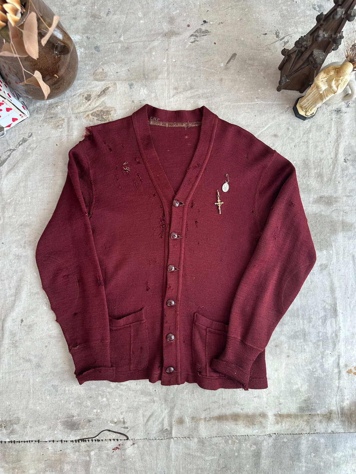 1940s Thrashed Wool Burgundy Cardigan W/ Pendants