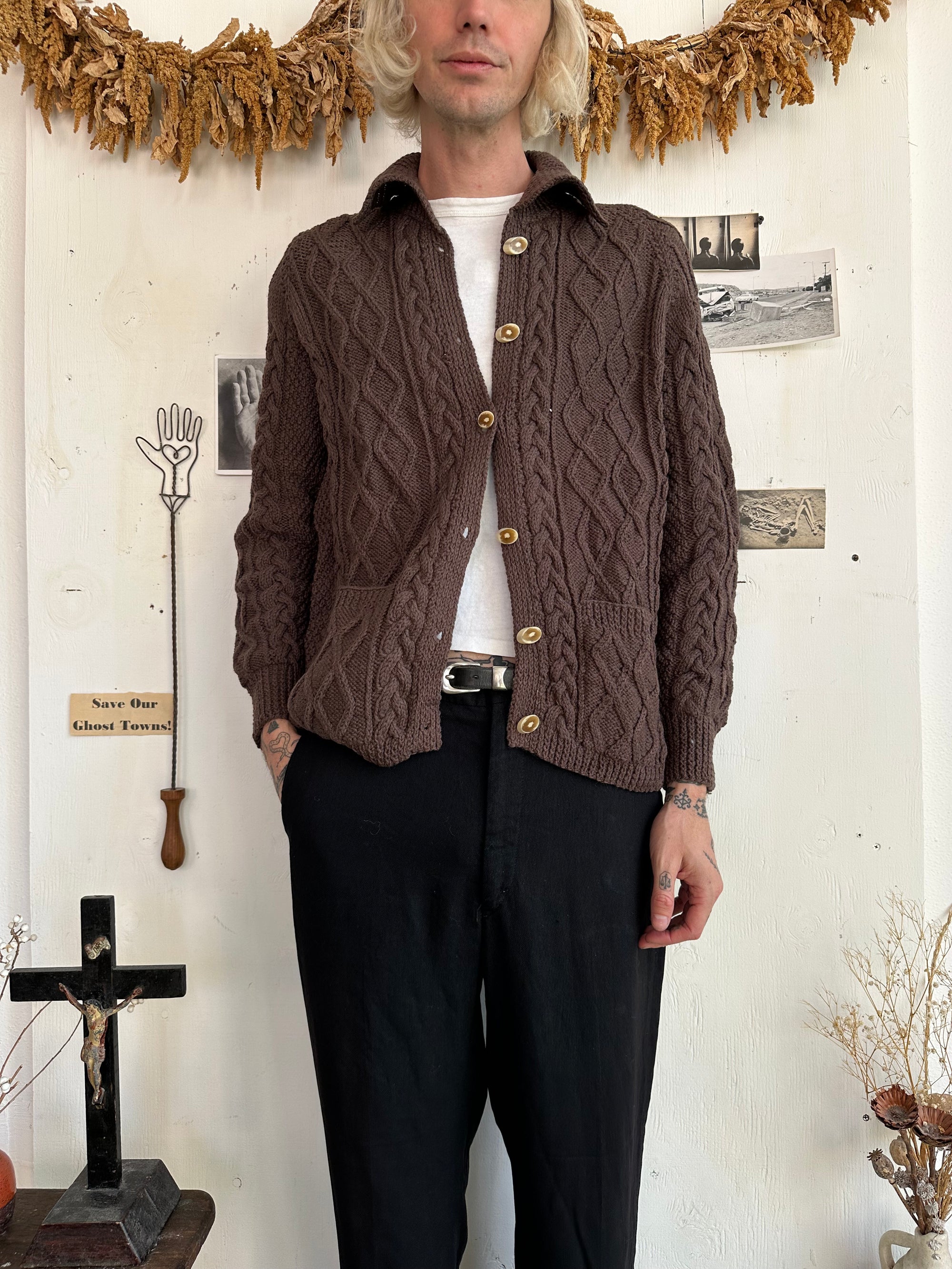 1970s Heavy Knit Brown Cardigan