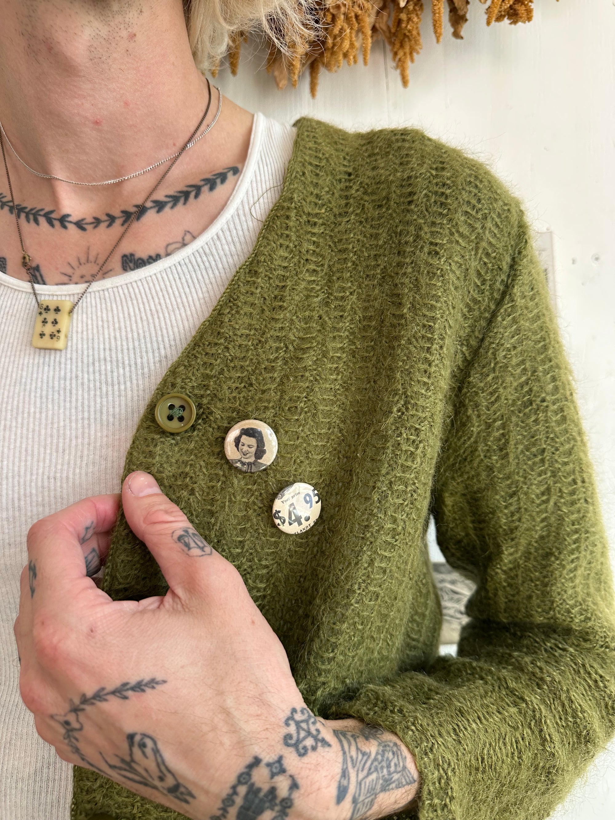 1960s Mohair Blend Green Knit Cardigan W/ Pins
