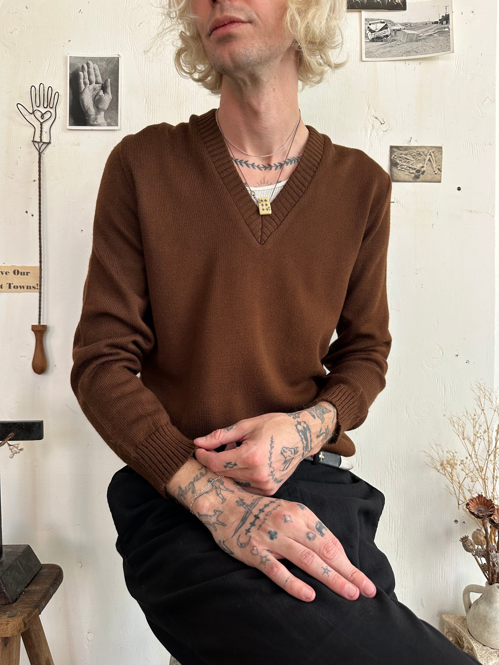 1970s Brown Wool V-Neck Sweater