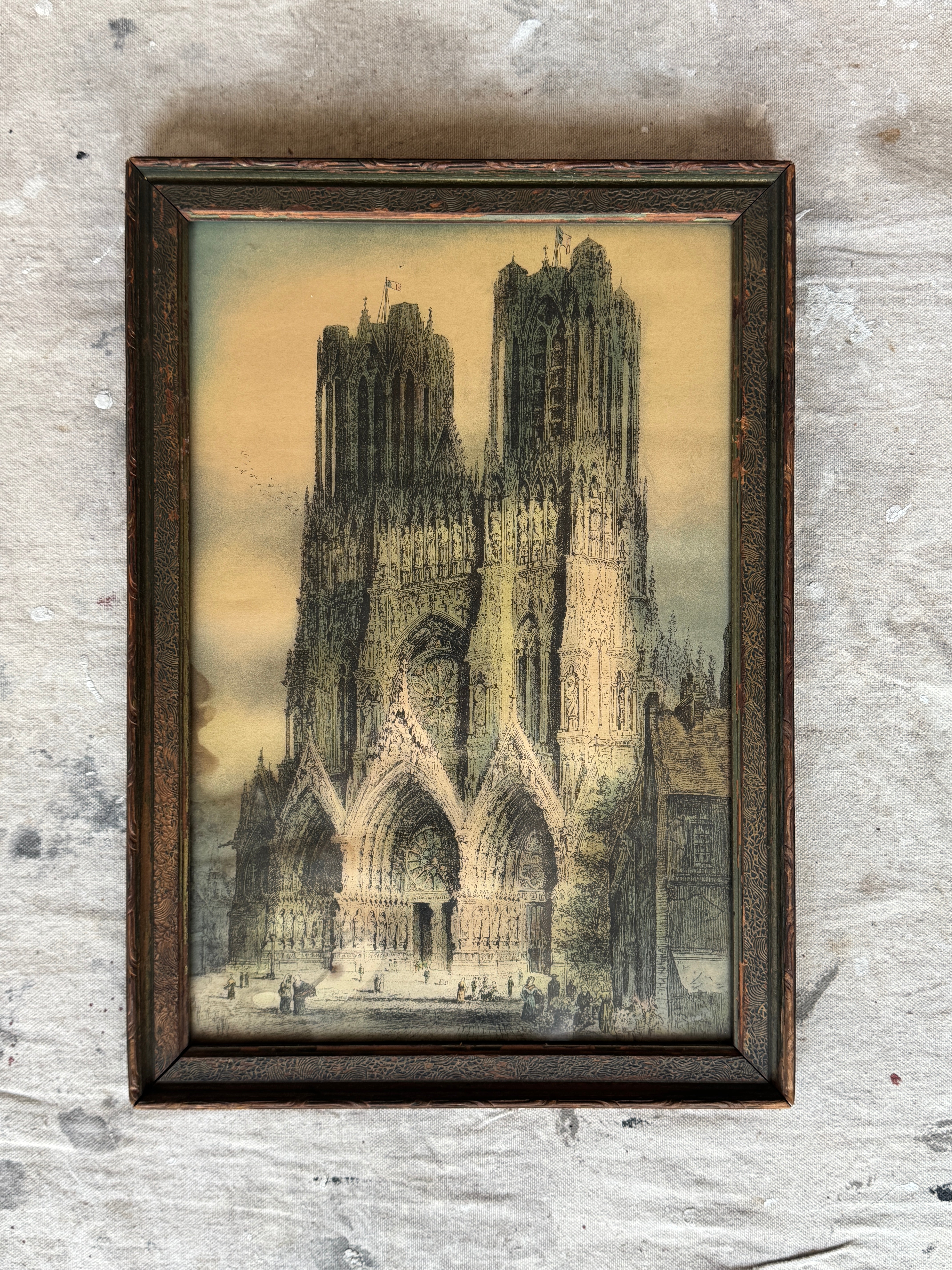 Antique Print of Reims Cathedral (M 12" x 16")