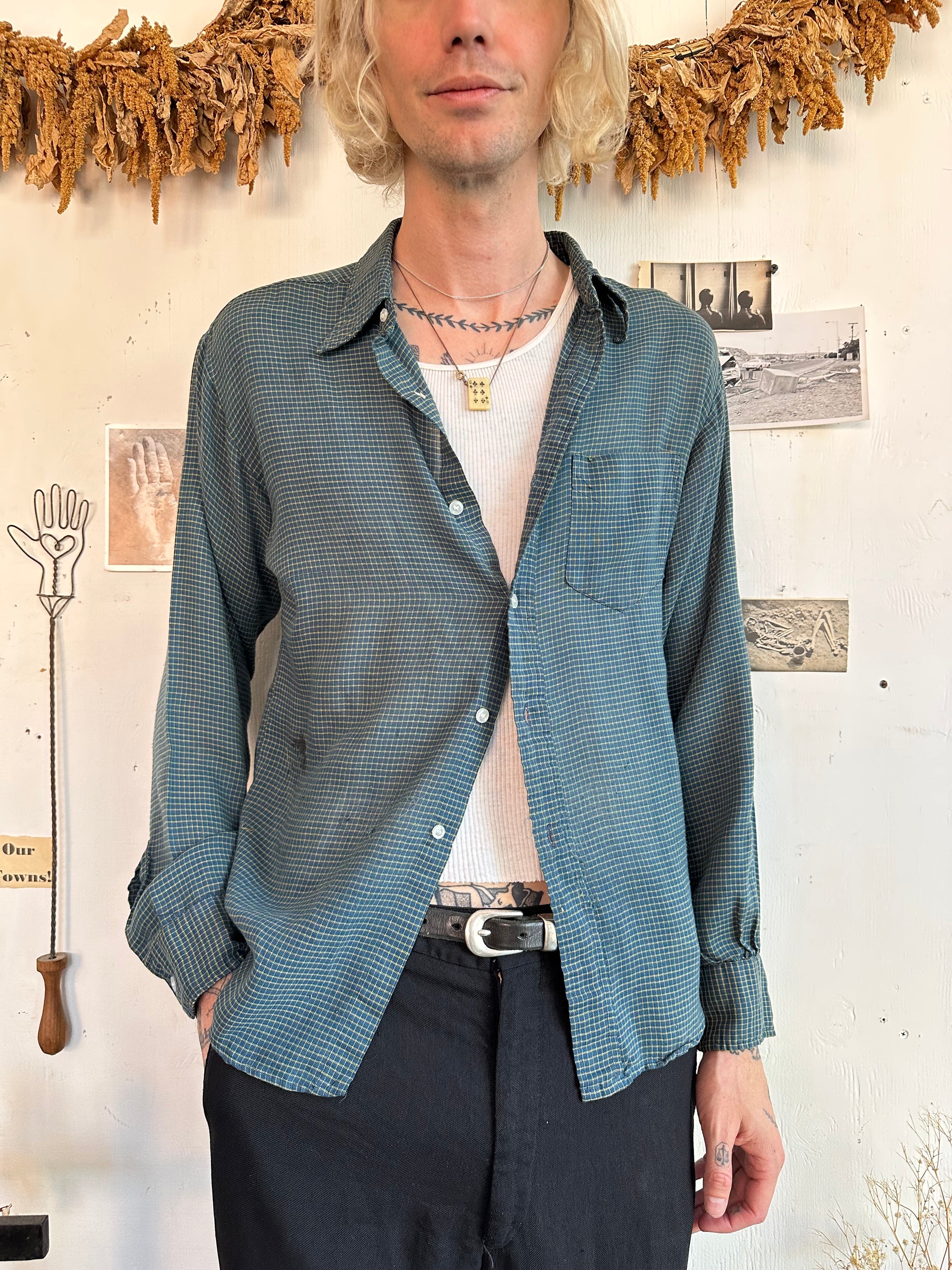 1970s Paper Thin Green Check Shirt