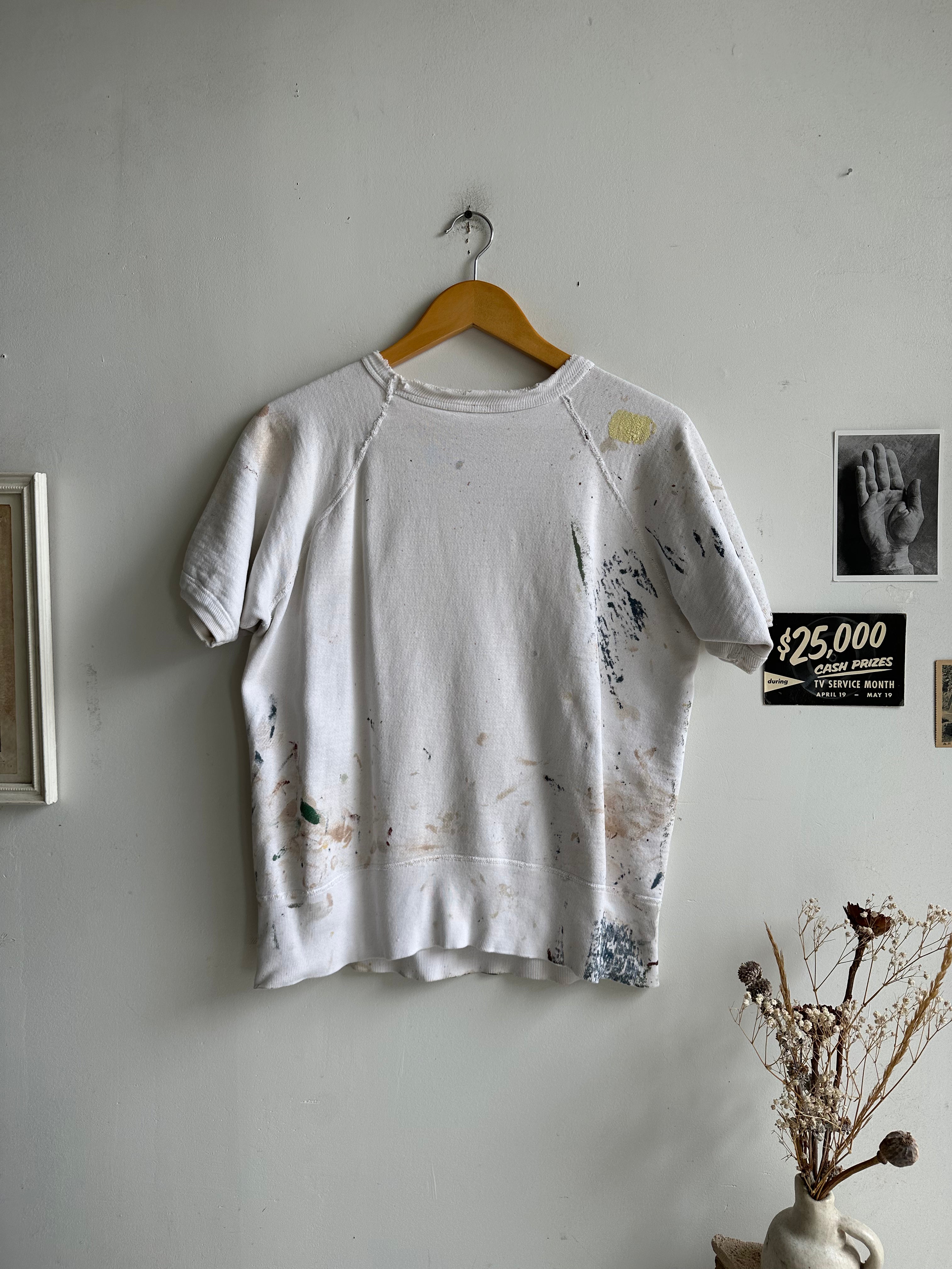 1960s Well-Worn Paint Stained Short Sleeve Sweatshirt (M)