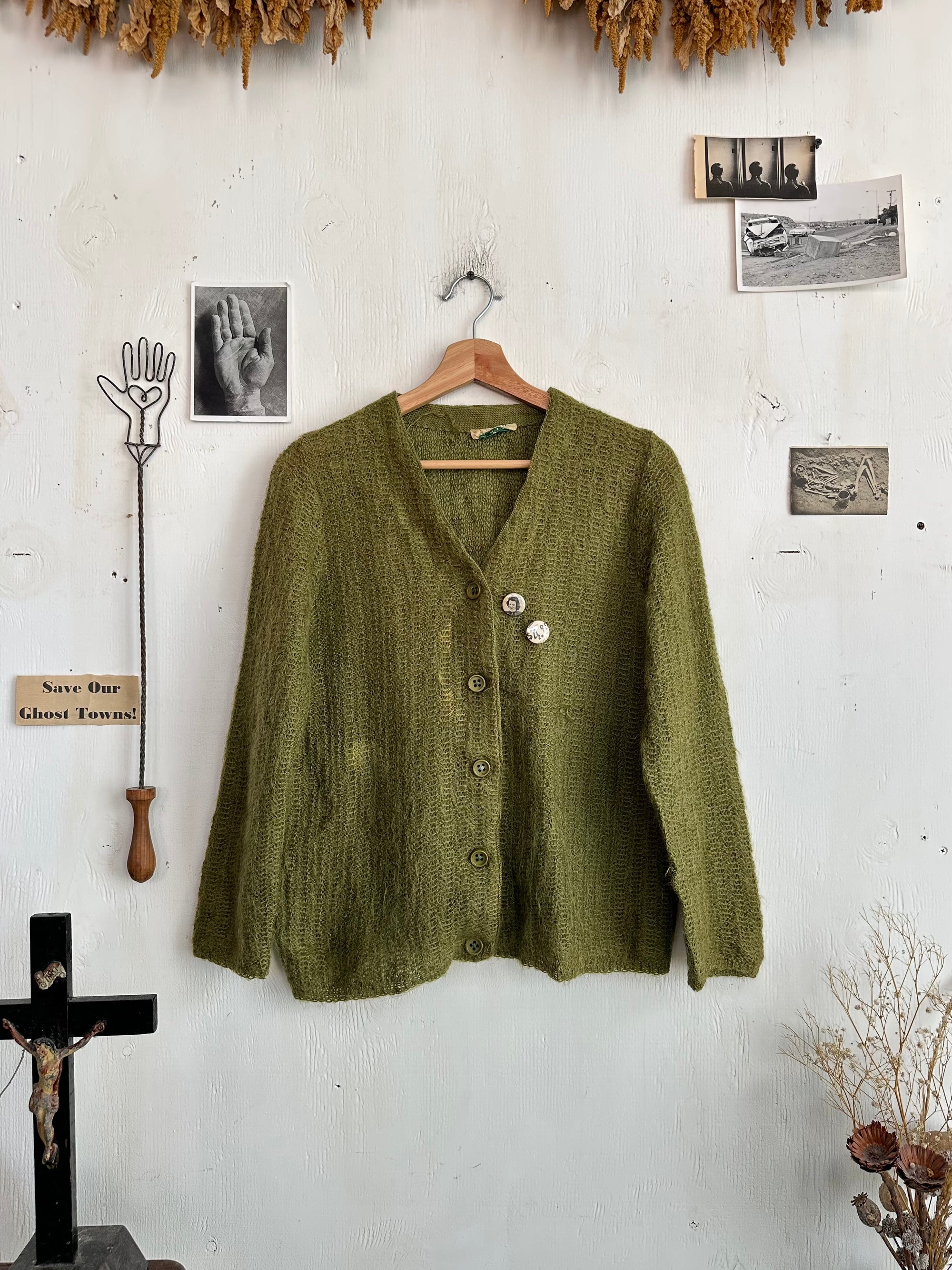 1960s Mohair Blend Green Knit Cardigan W/ Pins