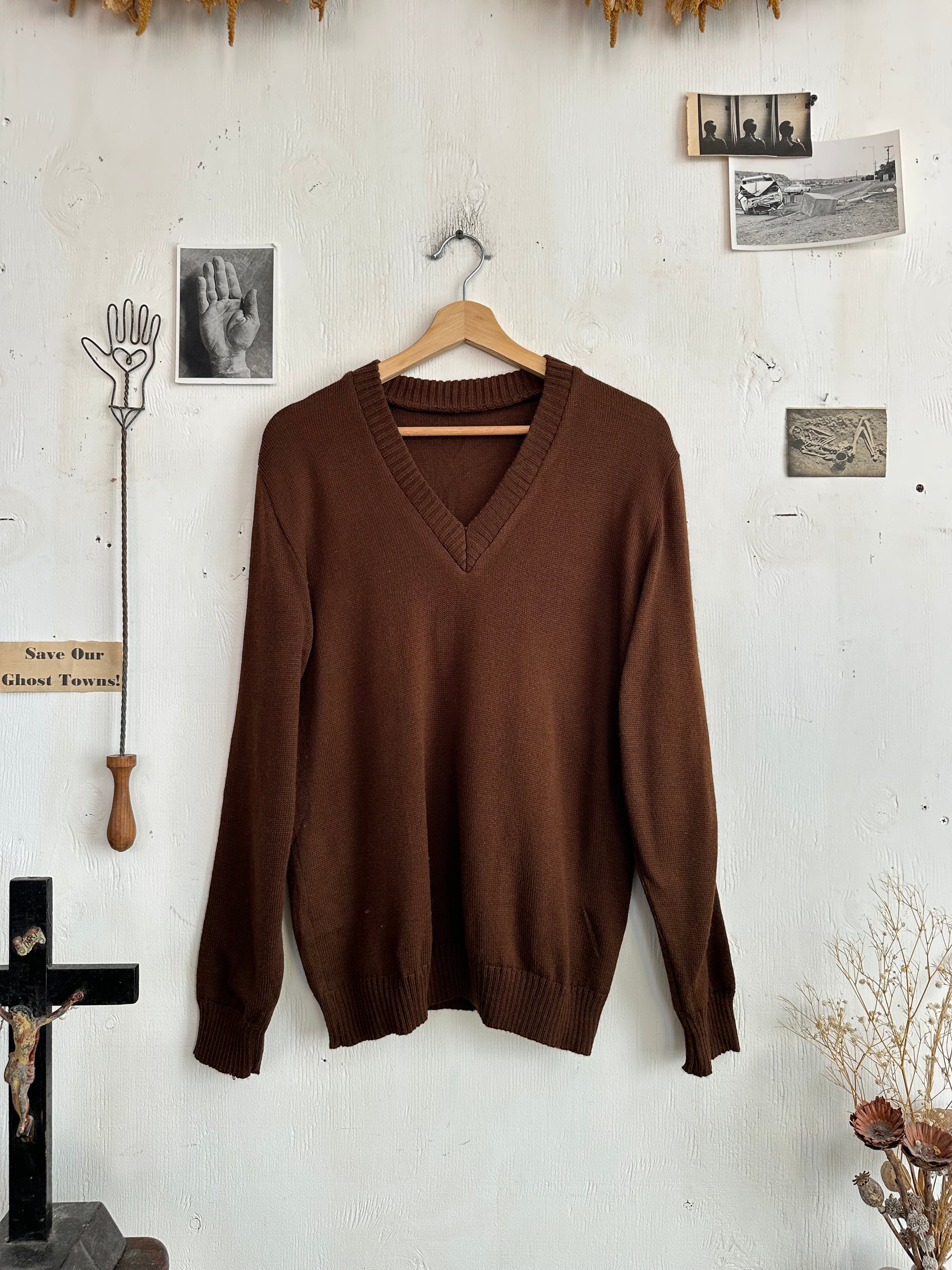 1970s Brown Wool V-Neck Sweater