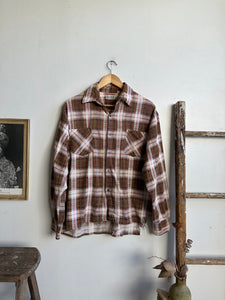 1950s Thrashed Brown Plaid Cotton Flannel (L/XL)