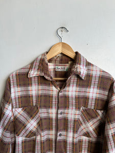 1950s Thrashed Brown Plaid Cotton Flannel (L/XL)