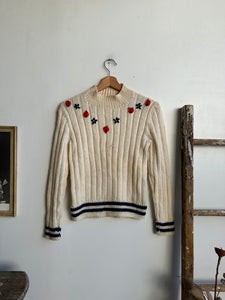 1960s Home Made Flower Embroidered Cable-Knit (S/M)