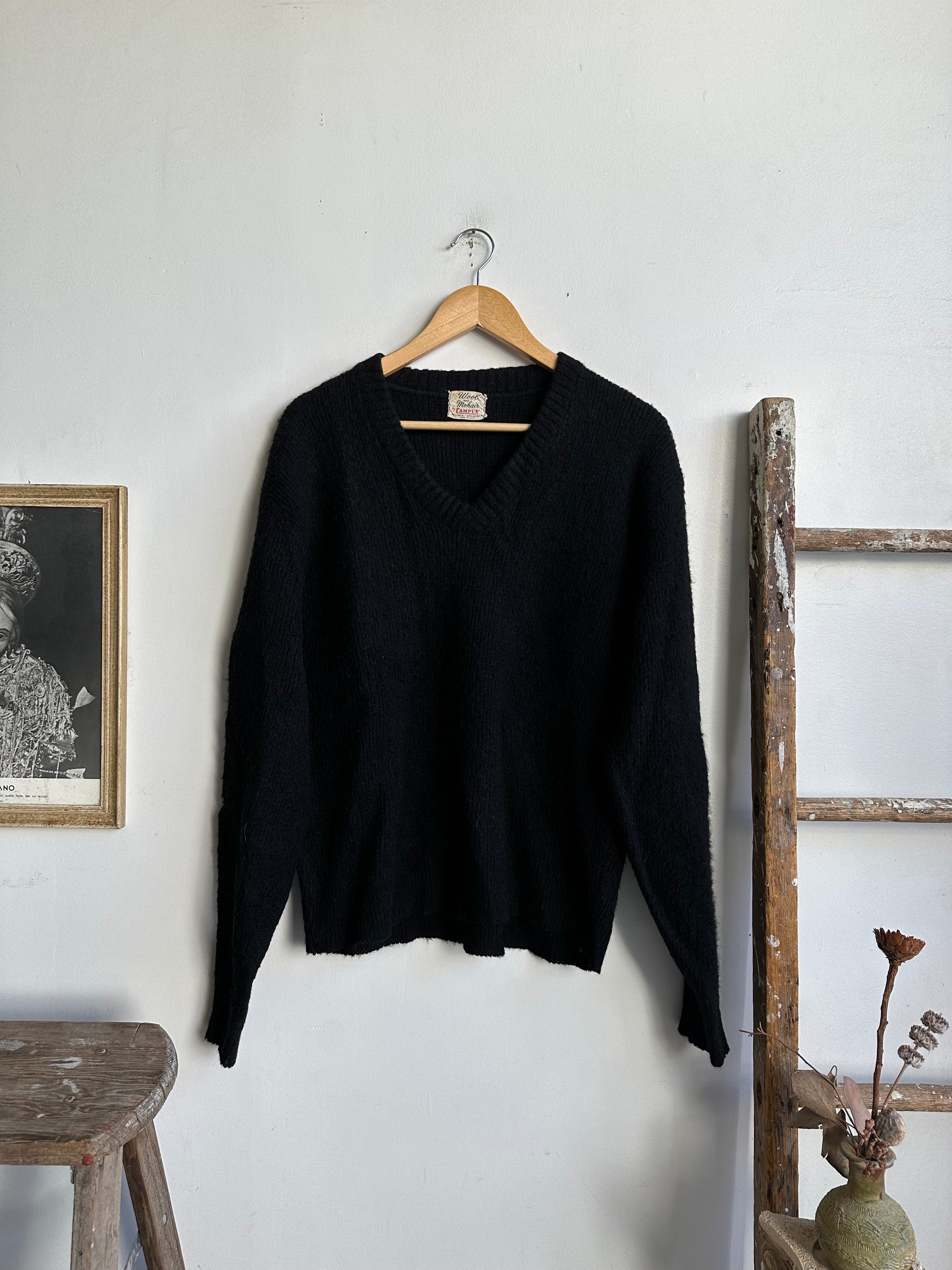1960s Black V-Neck Mohair Knit (XL)