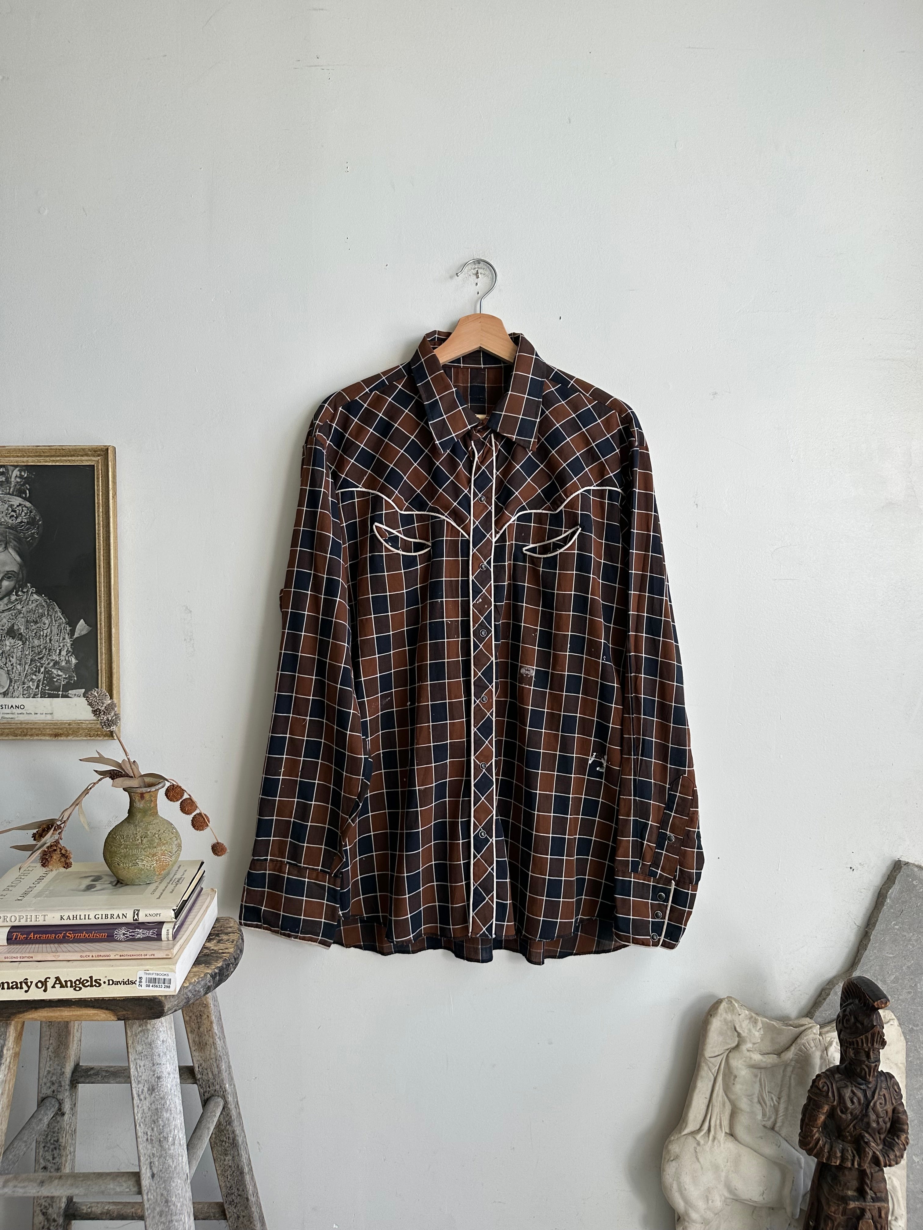 1990s Brown Checkered Western Shirt (XL)