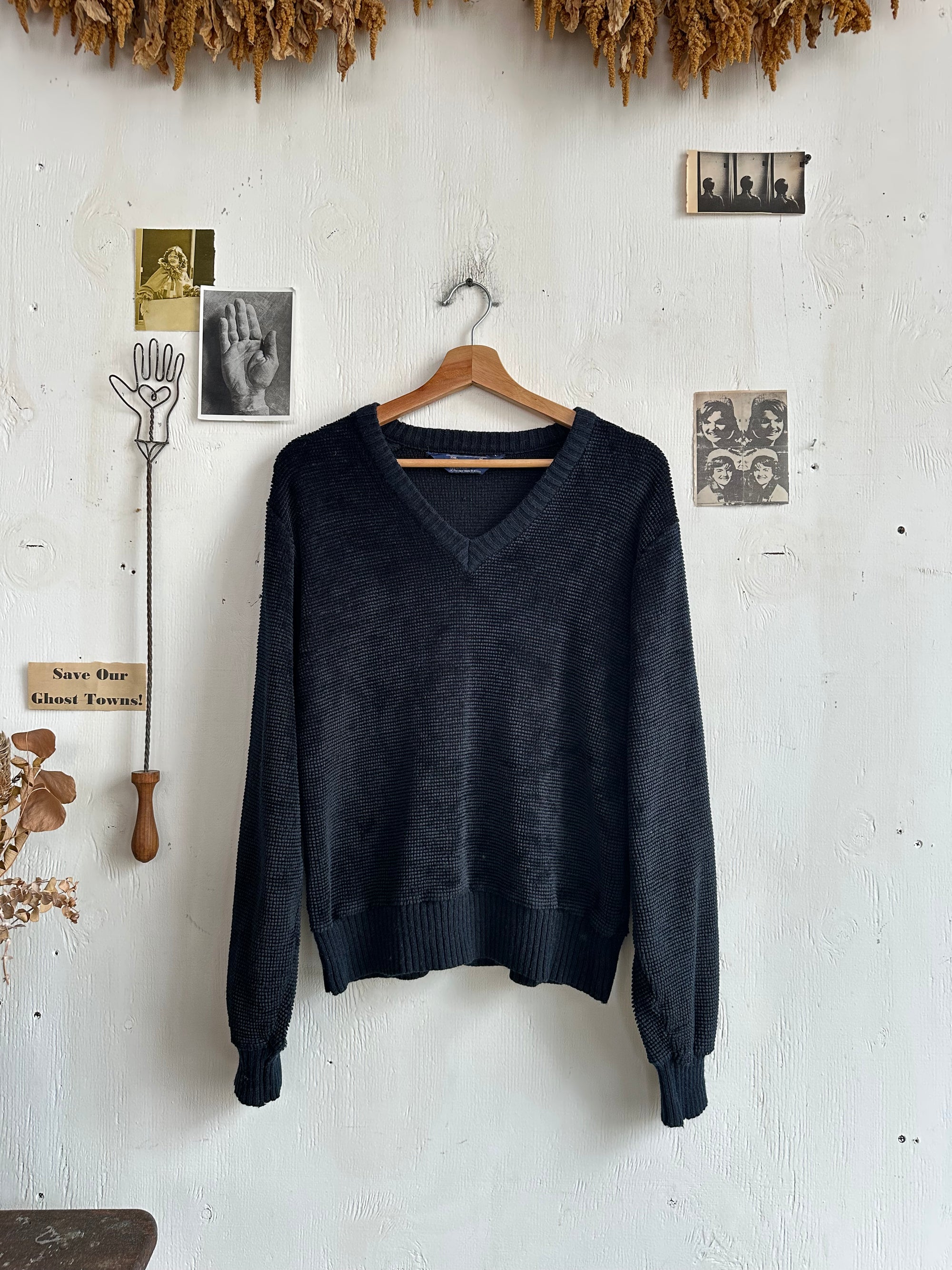 1990s V-Neck Lopped Terry Black Knit