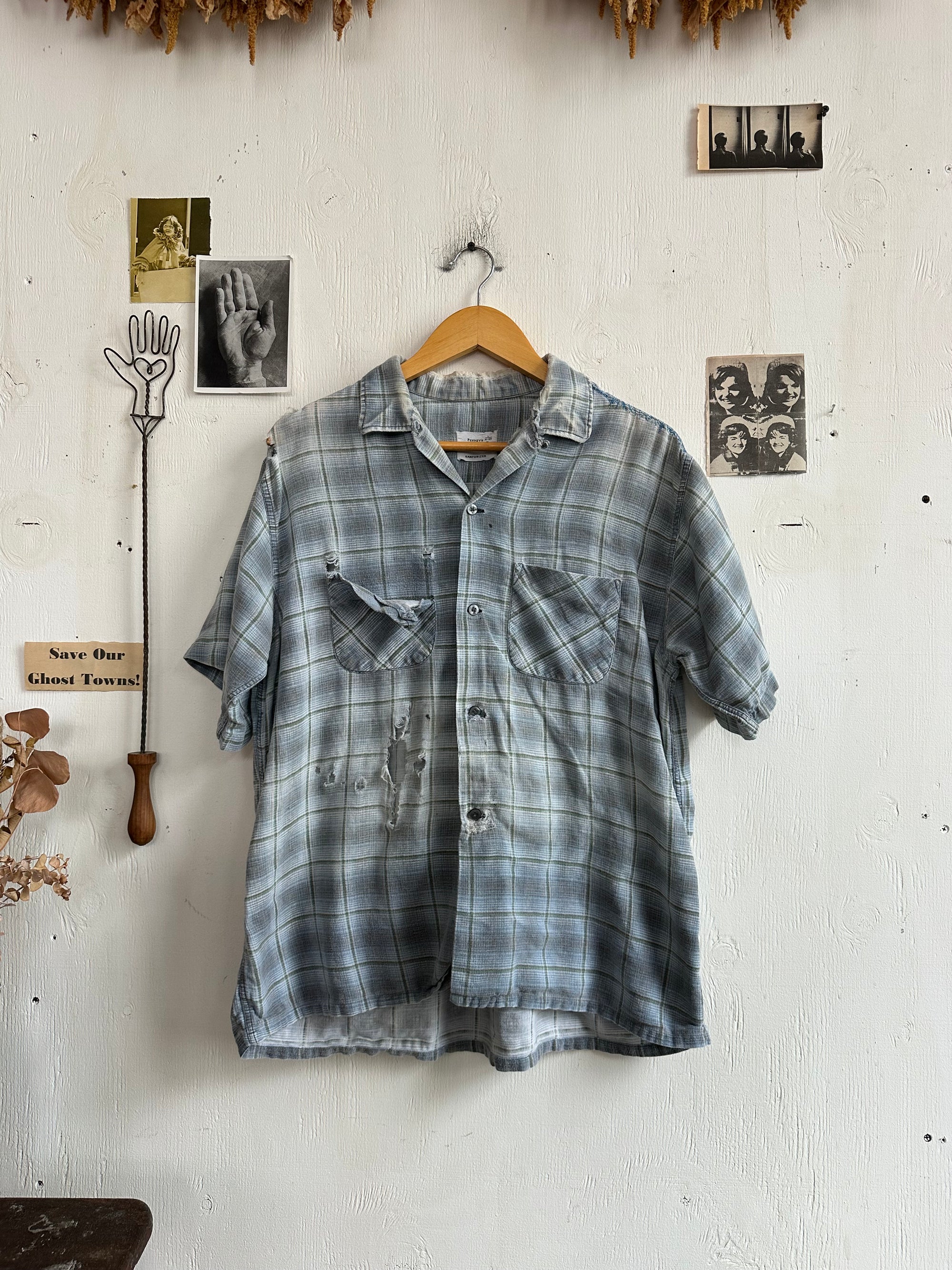 1960s Thrashed Short Sleeve Printed Plaid Button Up
