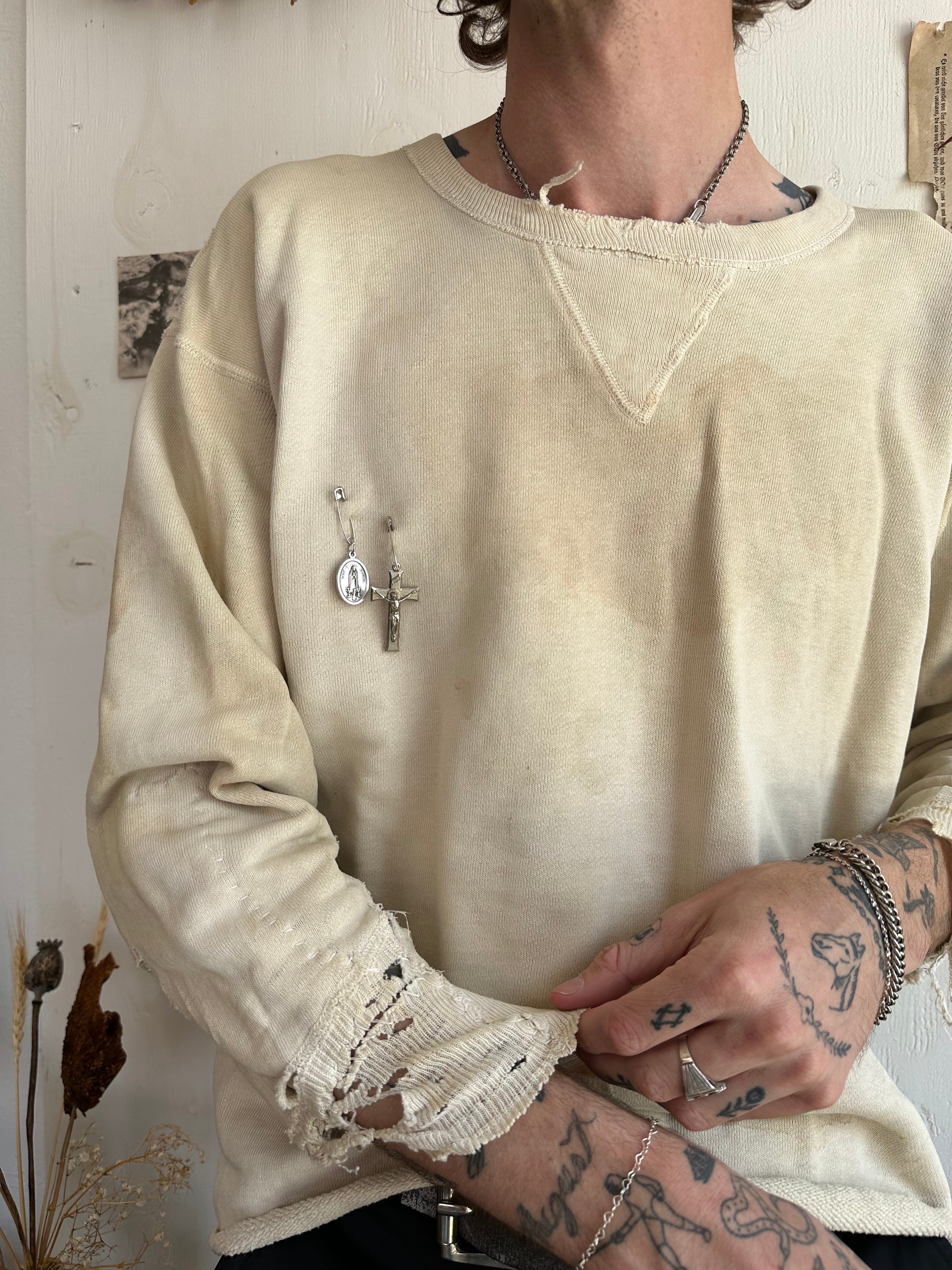 1940s Thrashed and Repaired Sweater W/ Religious Pendants (M/L)