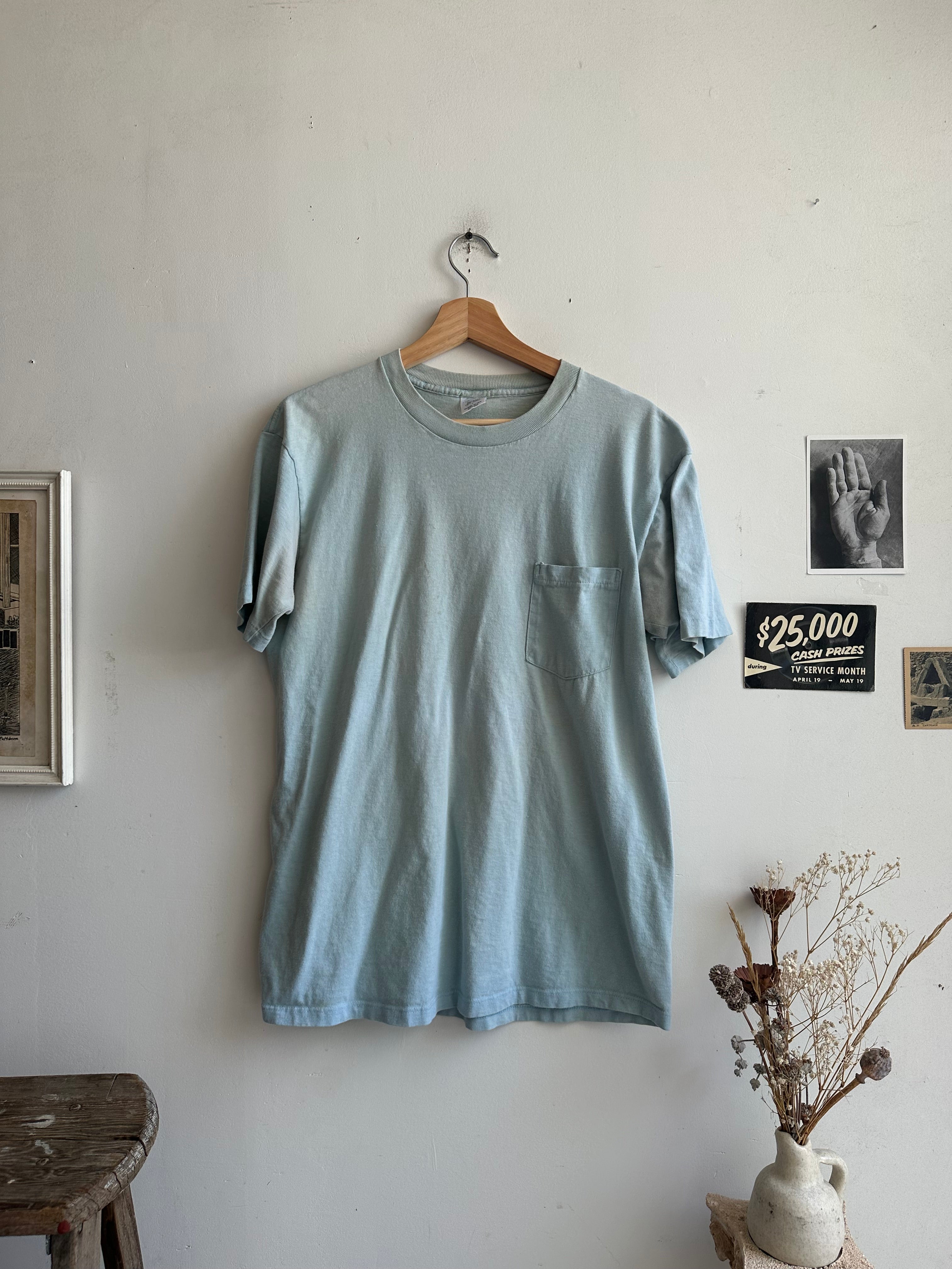 1980s Baby Blue Faded Pocket Tee (L)