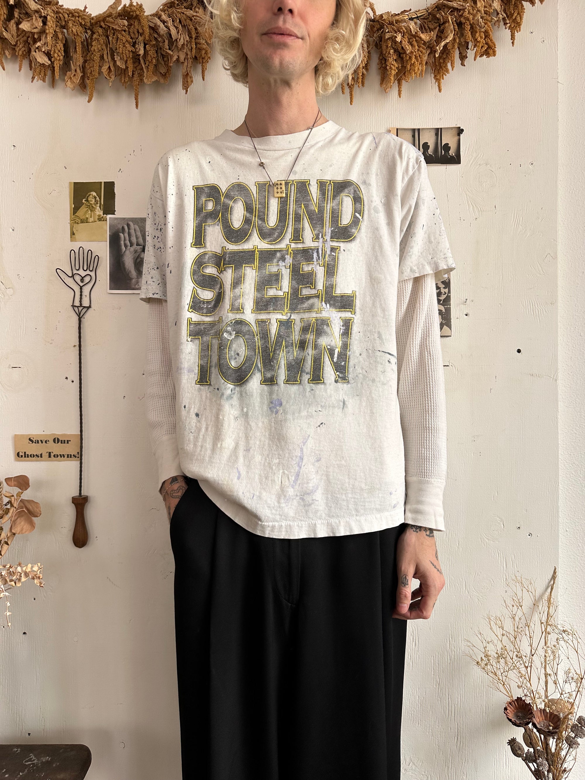 1990s Paint Splattered Pound Steel Town T-Shirt