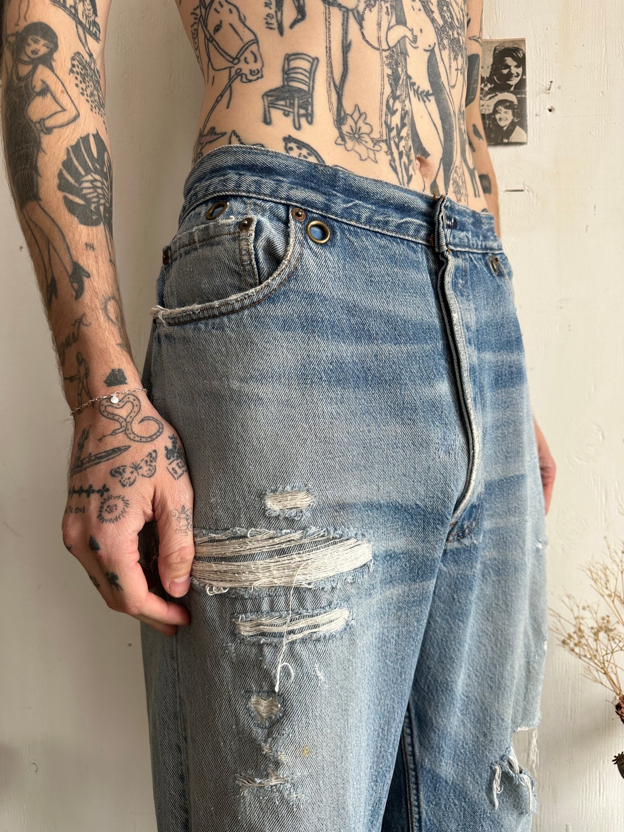 1990s Thrashed and Repaired Levis w Eyelets