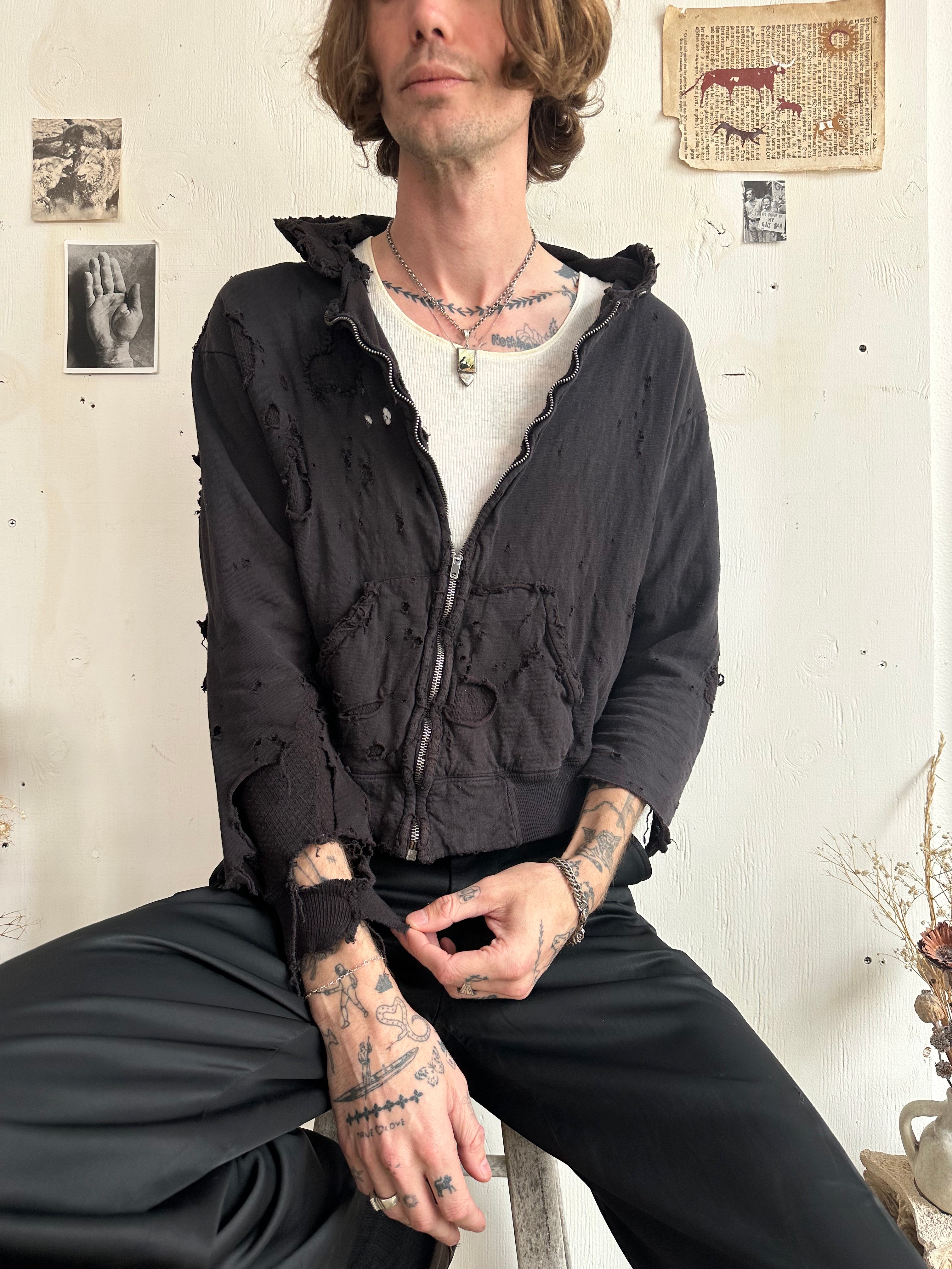 1960s Perfectly Thrashed and Repaired Black Zip-Up Hoodie (Boxy S/M)