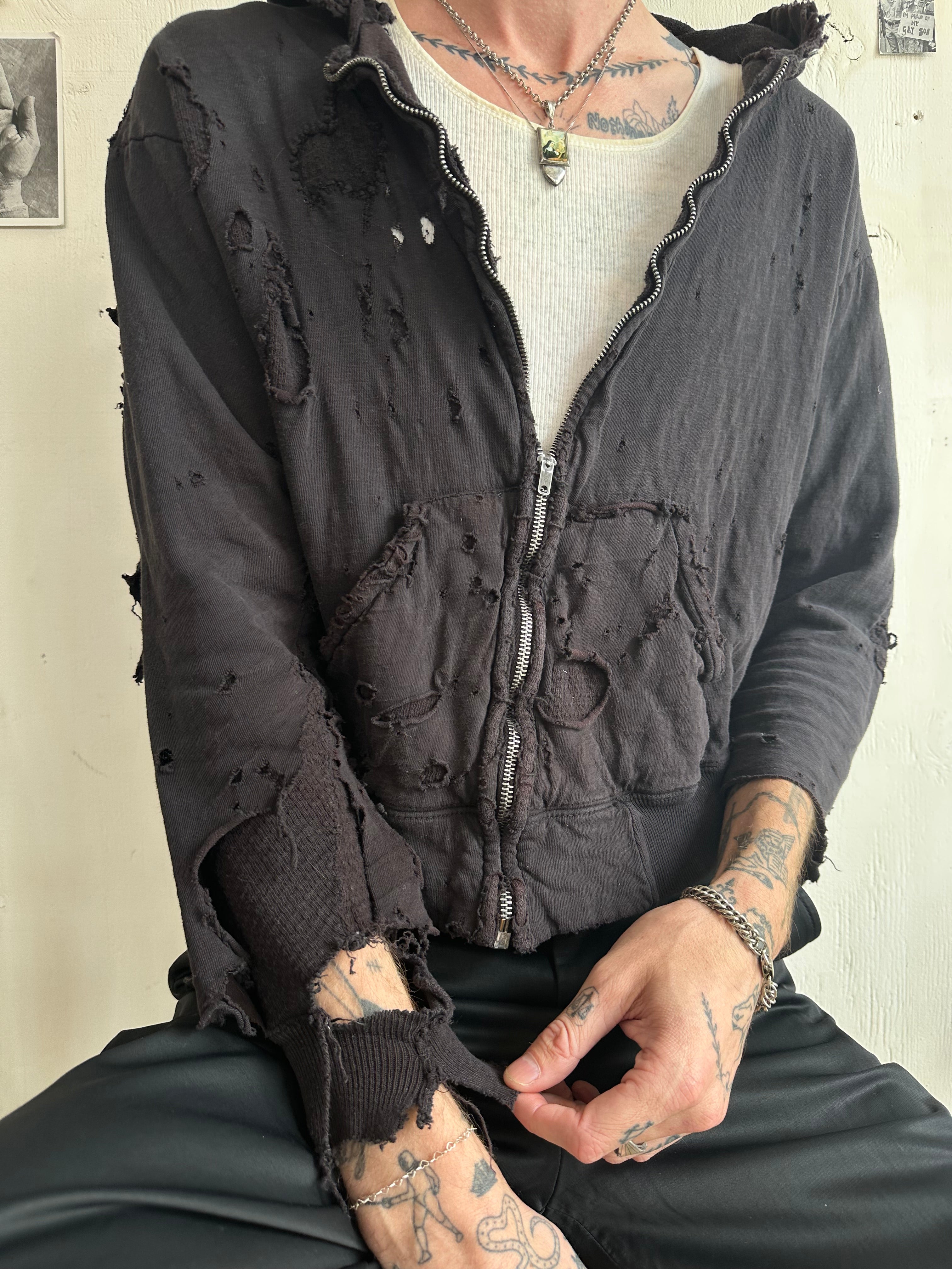1960s Perfectly Thrashed and Repaired Black Zip-Up Hoodie (Boxy S/M)