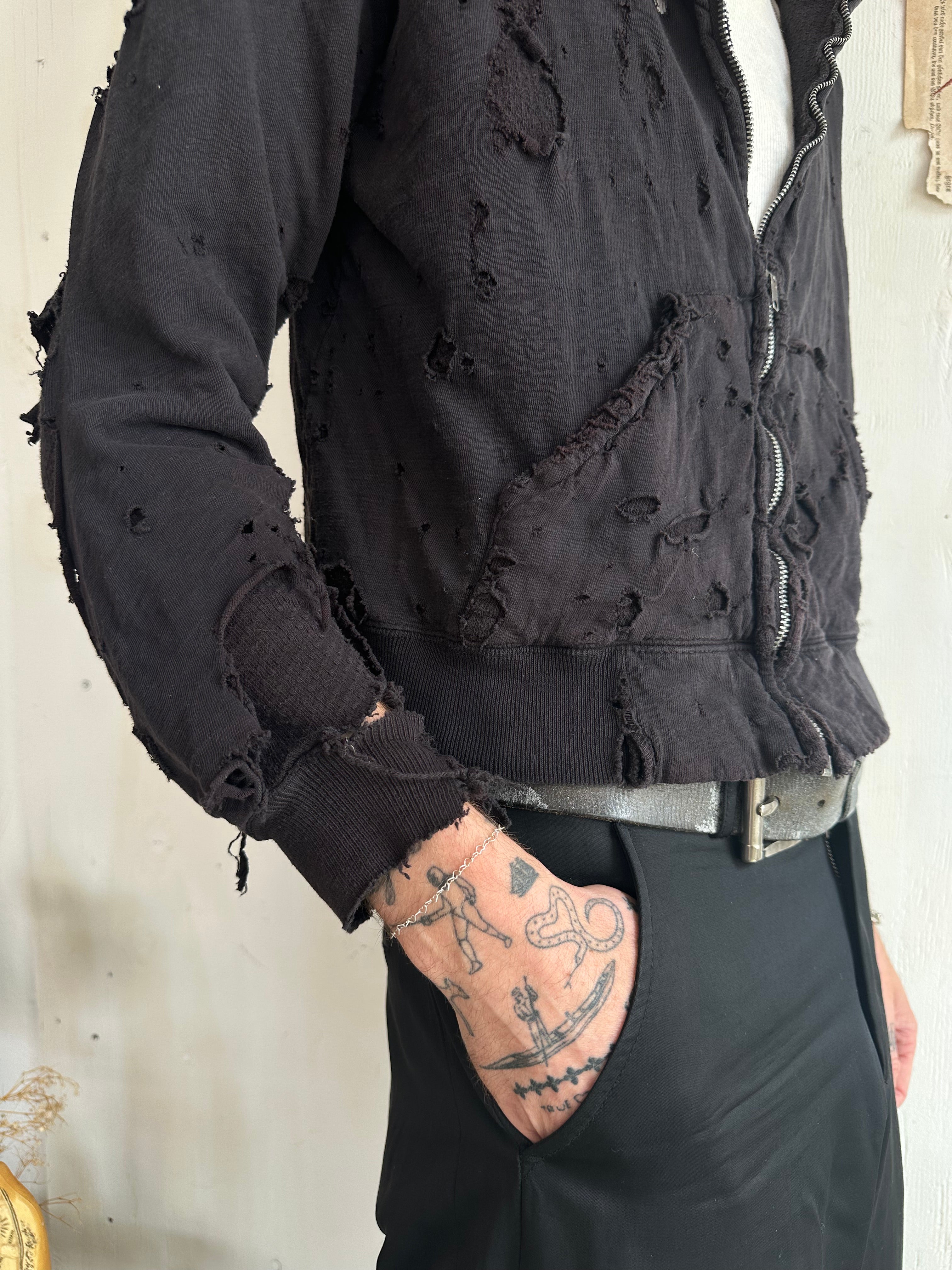 1960s Perfectly Thrashed and Repaired Black Zip-Up Hoodie (Boxy S/M)