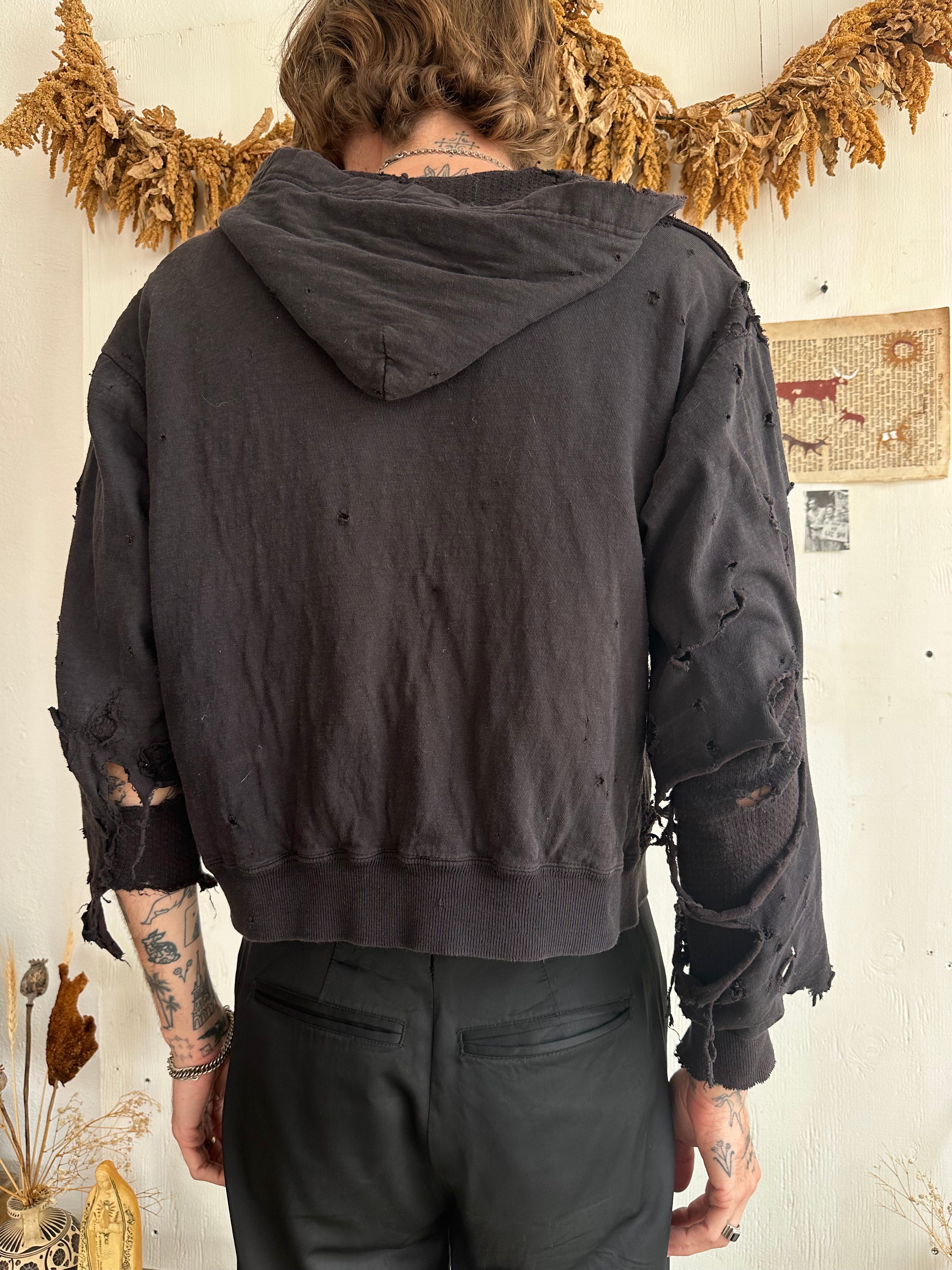 1960s Perfectly Thrashed and Repaired Black Zip-Up Hoodie (Boxy S/M)