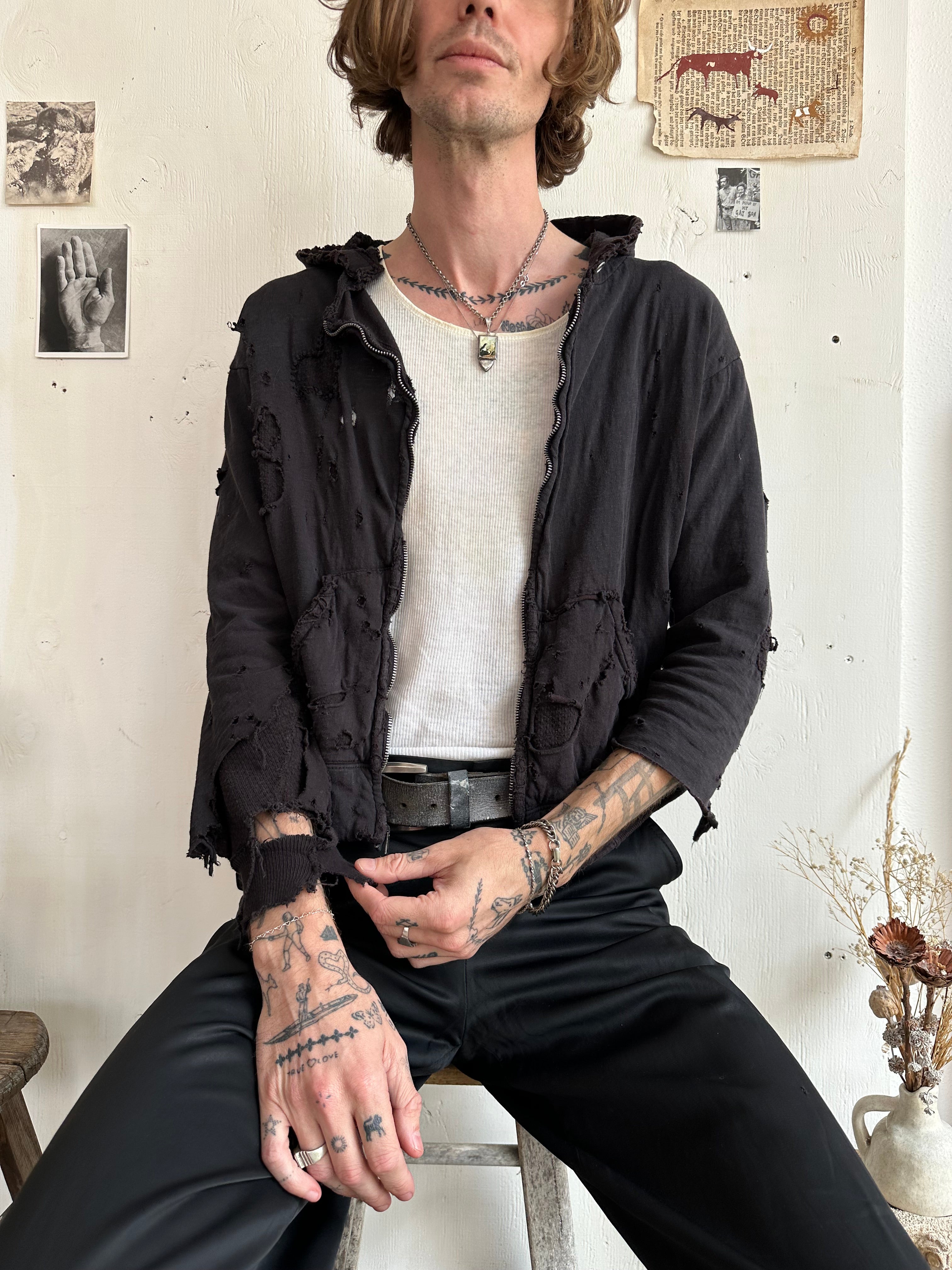 1960s Perfectly Thrashed and Repaired Black Zip-Up Hoodie (Boxy S/M)