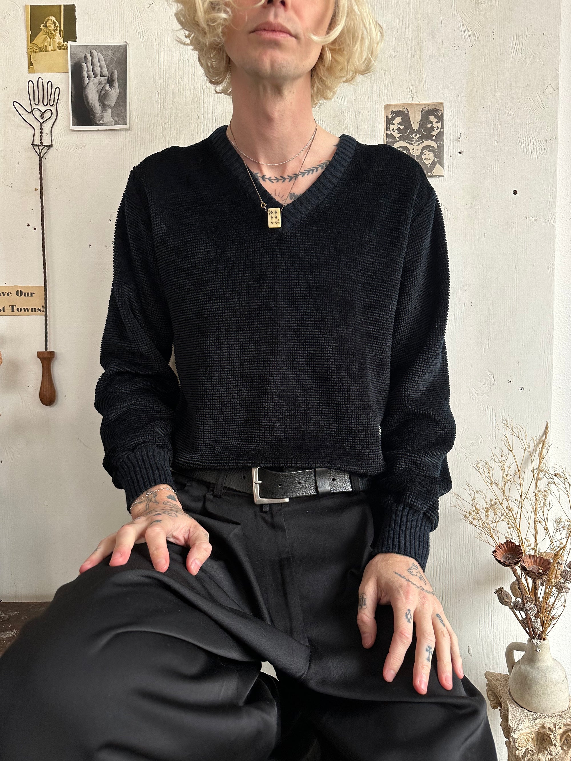 1990s V-Neck Lopped Terry Black Knit