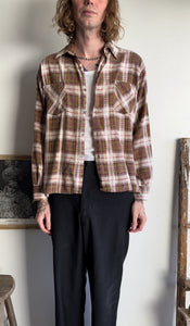 1950s Thrashed Brown Plaid Cotton Flannel (L/XL)