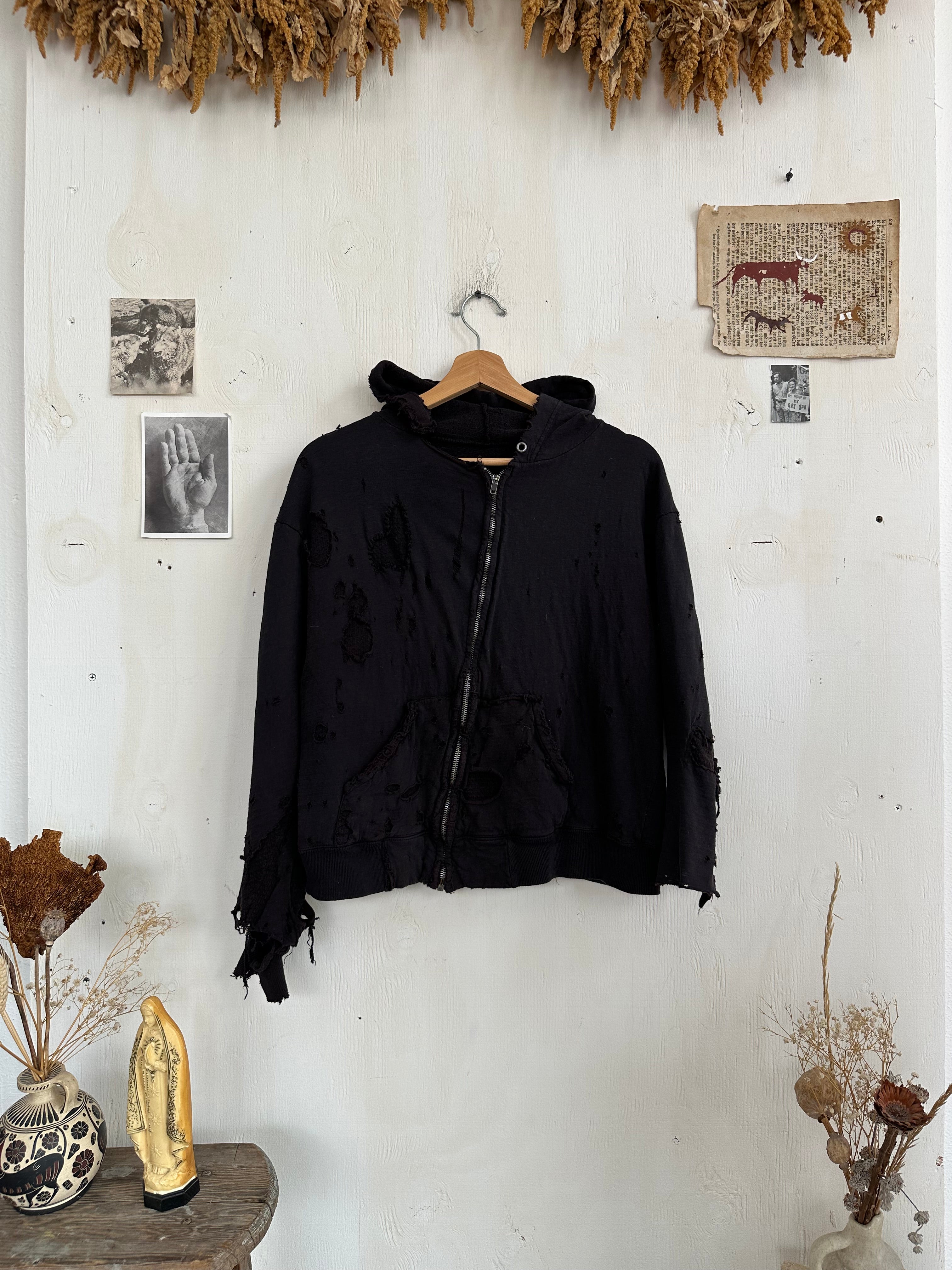 1960s Perfectly Thrashed and Repaired Black Zip-Up Hoodie (Boxy S/M)