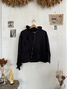 1960s Perfectly Thrashed and Repaired Black Zip-Up Hoodie (Boxy S/M)