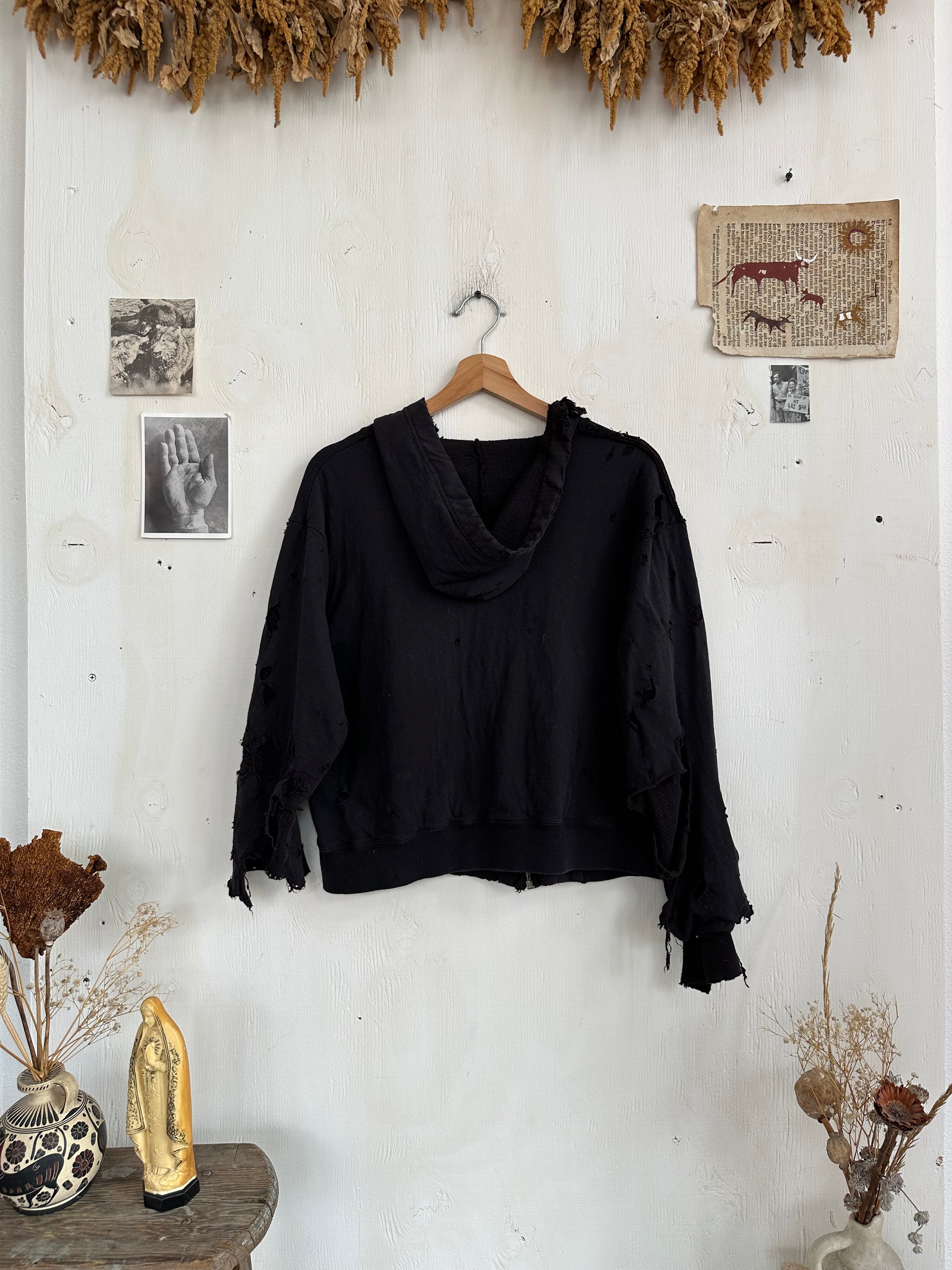 1960s Perfectly Thrashed and Repaired Black Zip-Up Hoodie (Boxy S/M)