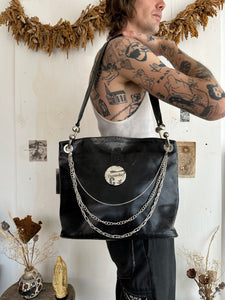 Vintage Well Worn Black Leather Bag W/ Doomsday Pin and Chains