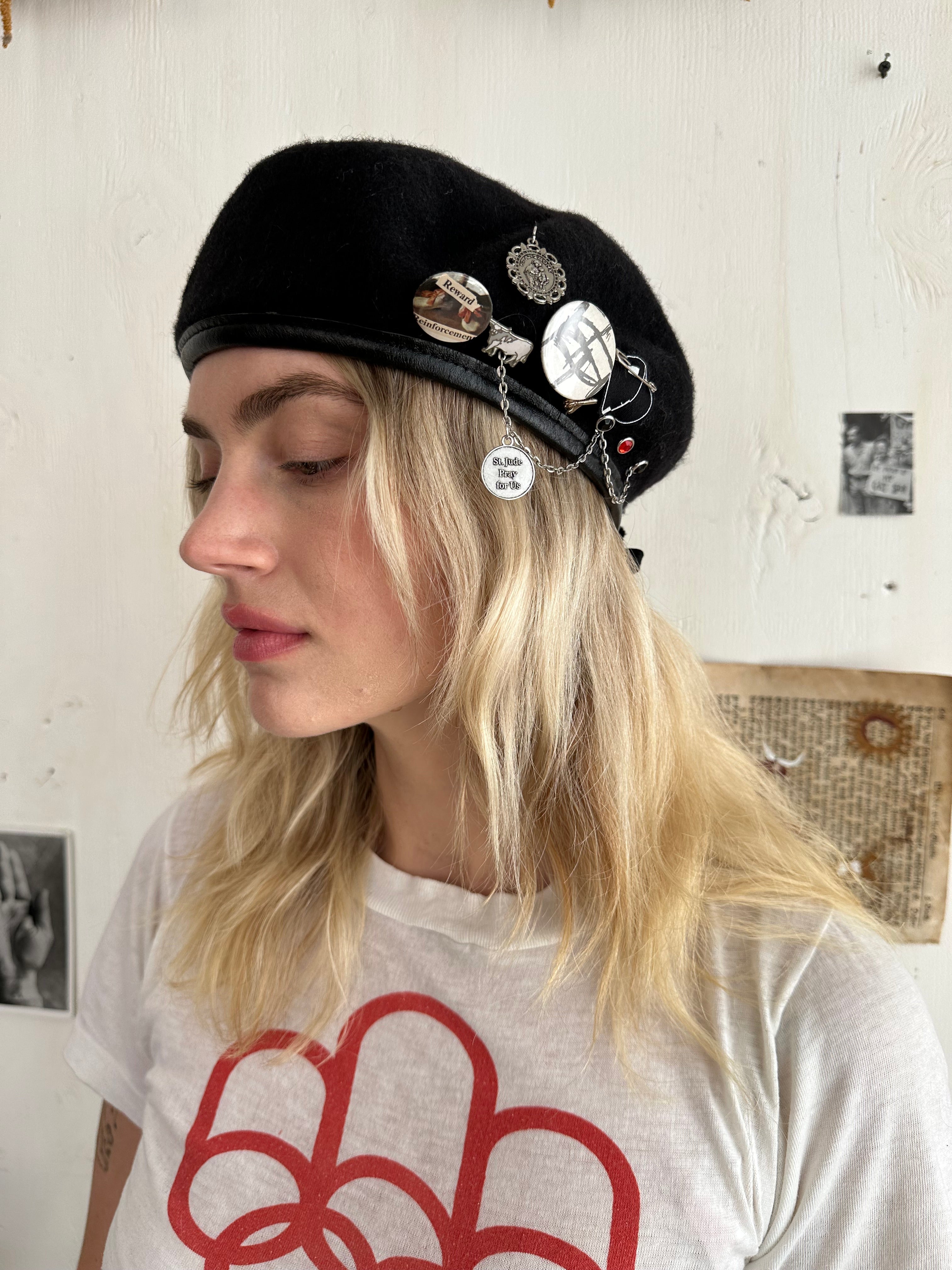 Wool Beret W/ Bull Pin and Religious Pendants (7.25)