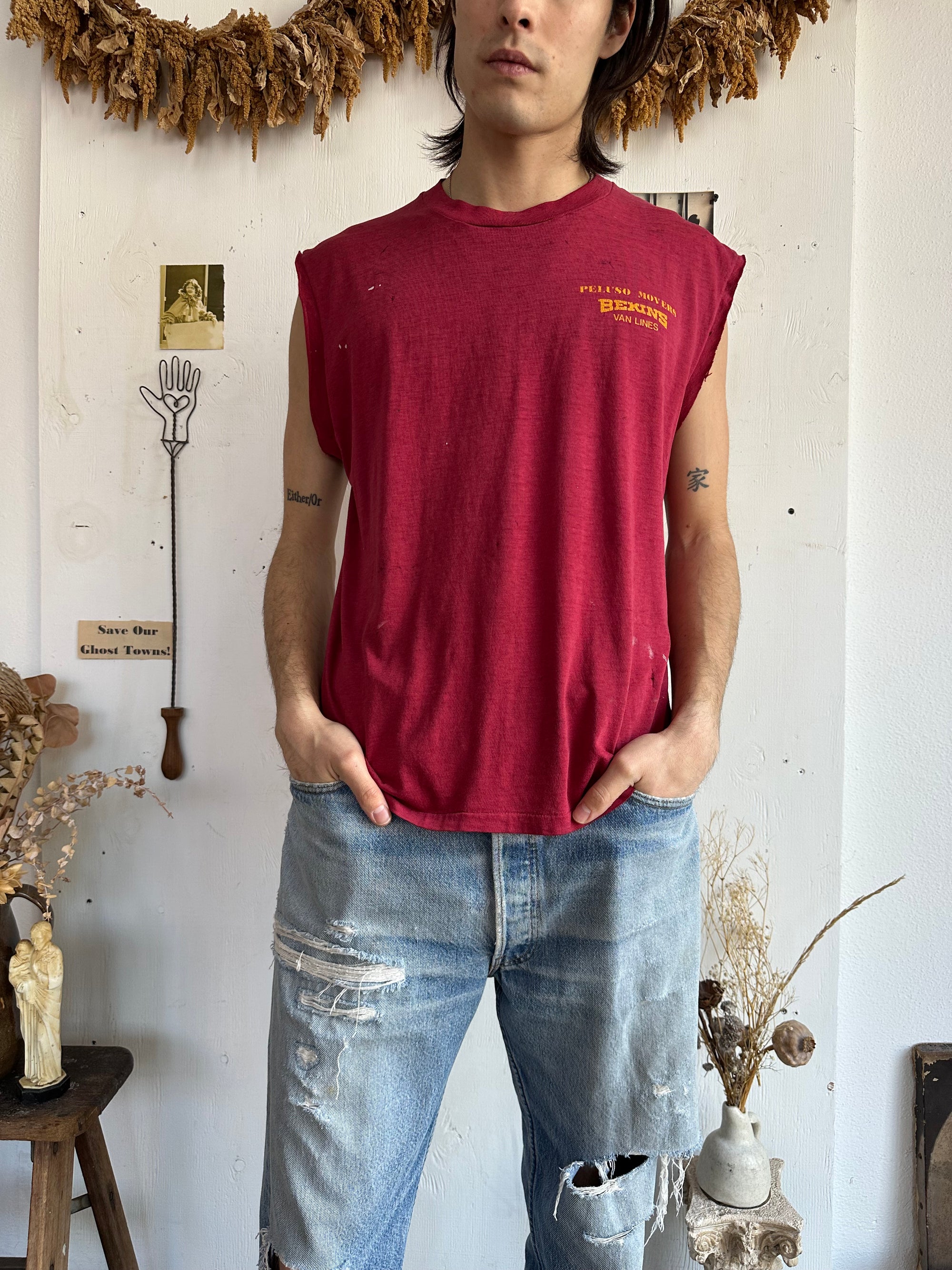1980s Thrashed and Paper Thin Peluso Movers Muscle Tee