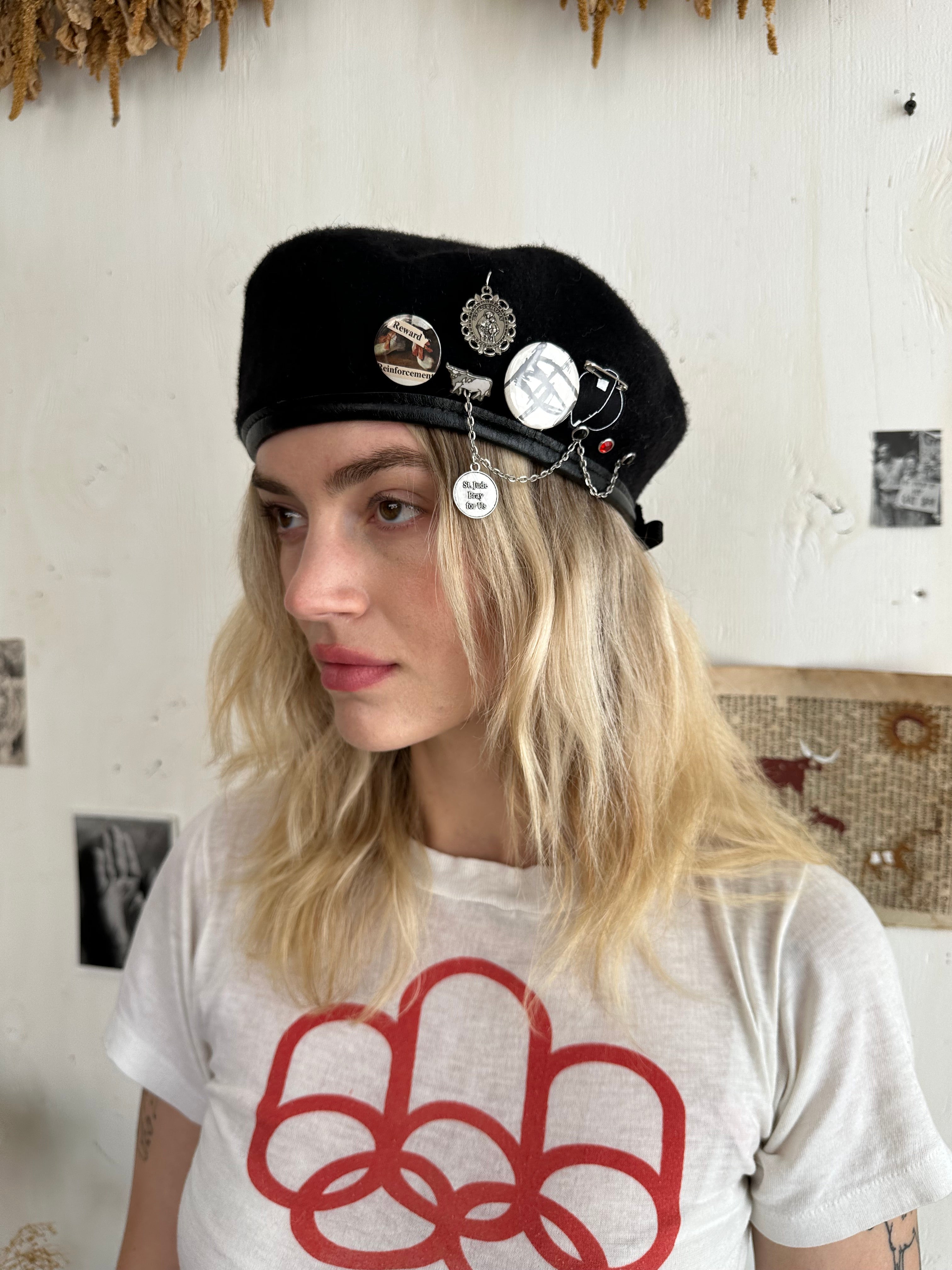 Wool Beret W/ Bull Pin and Religious Pendants (7.25)