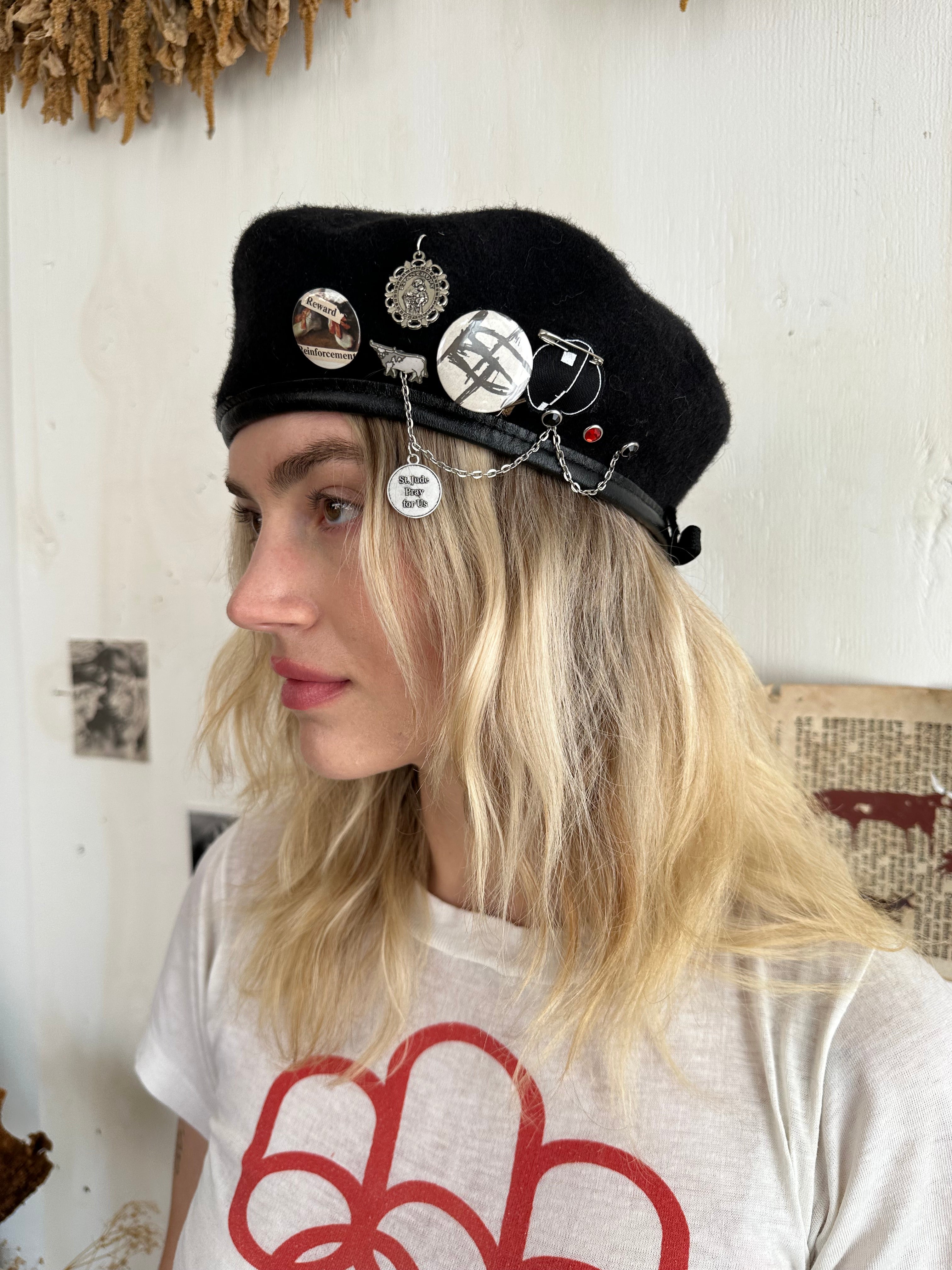 Wool Beret W/ Bull Pin and Religious Pendants (7.25)