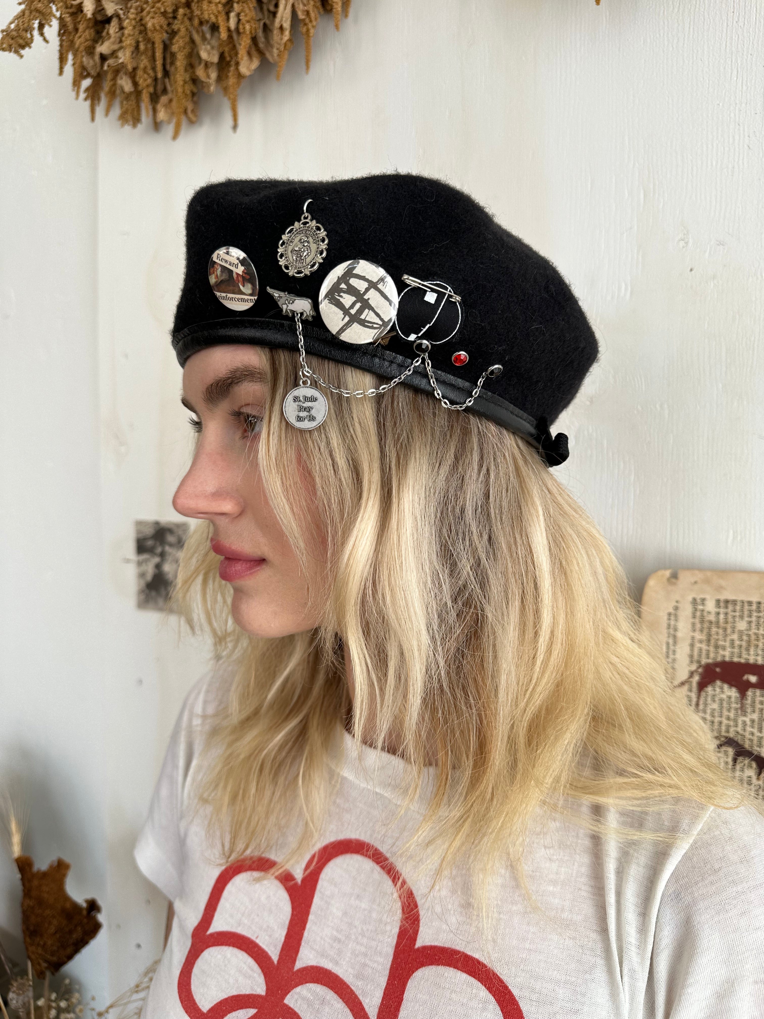 Wool Beret W/ Bull Pin and Religious Pendants (7.25)