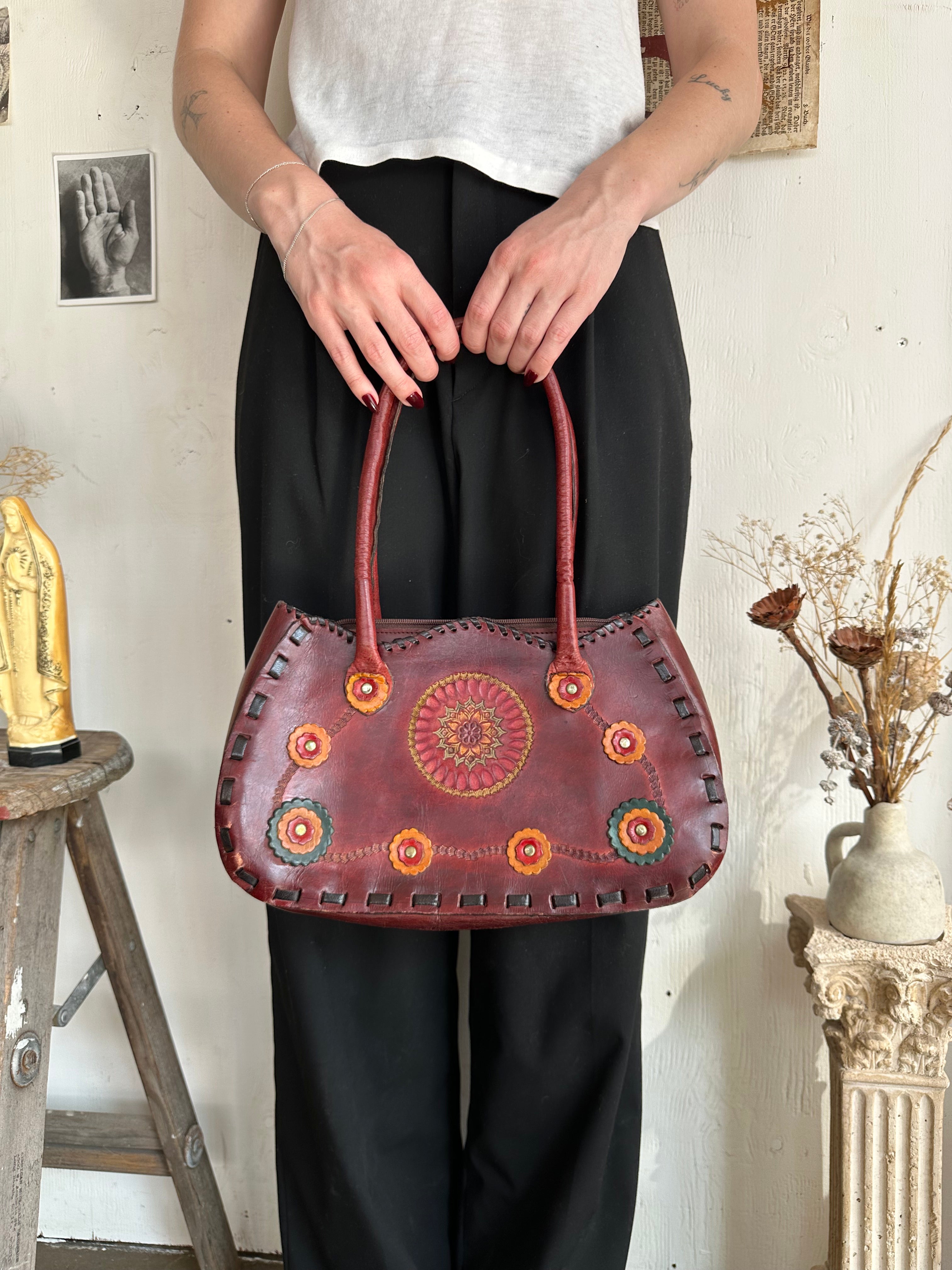 1970s Floral Leather Handbag