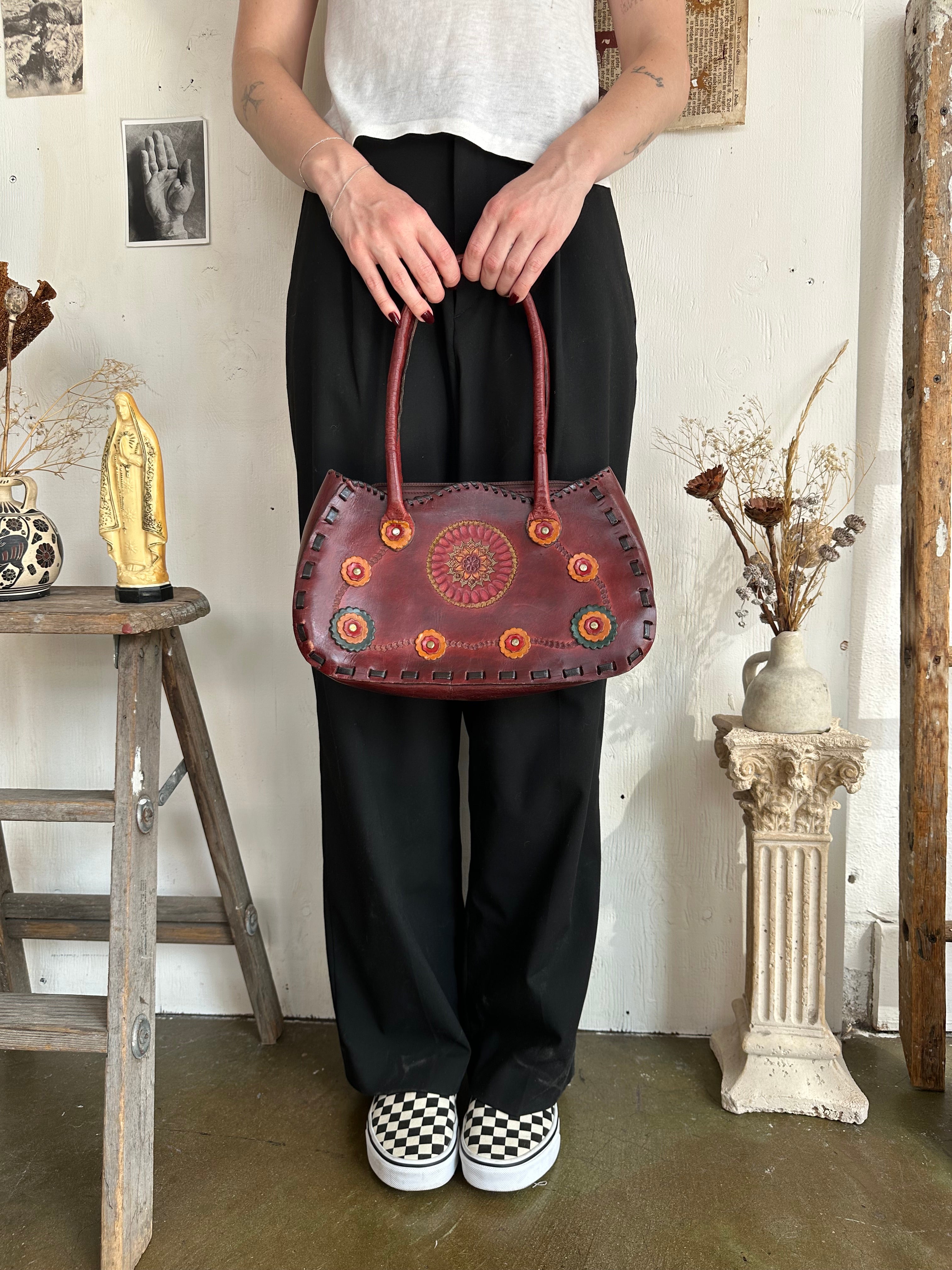 1970s Floral Leather Handbag